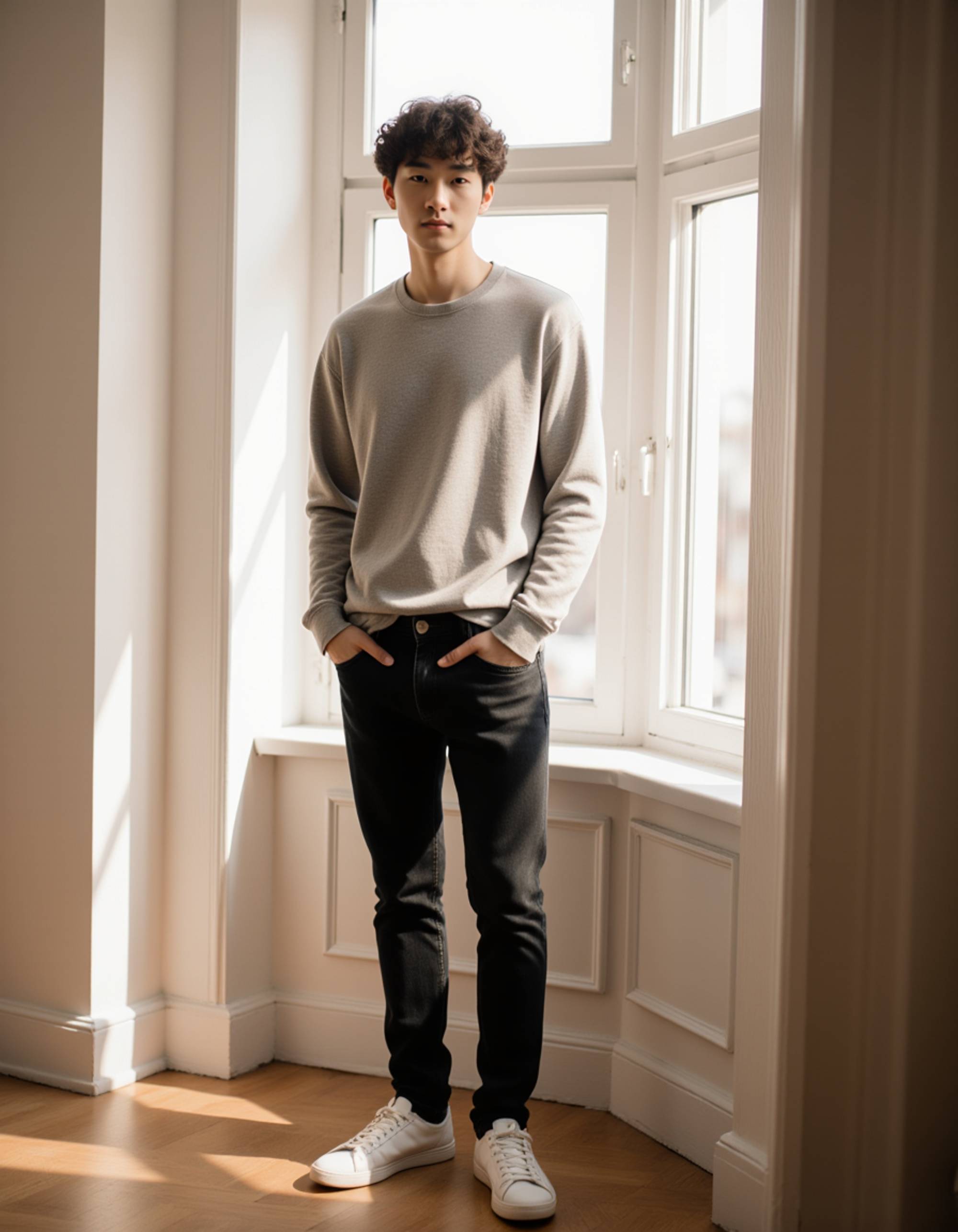 standing near a sunlit window, soft shadows adding depth, relaxed expression and a clean, modern outfit suited for AI Bumble Photos