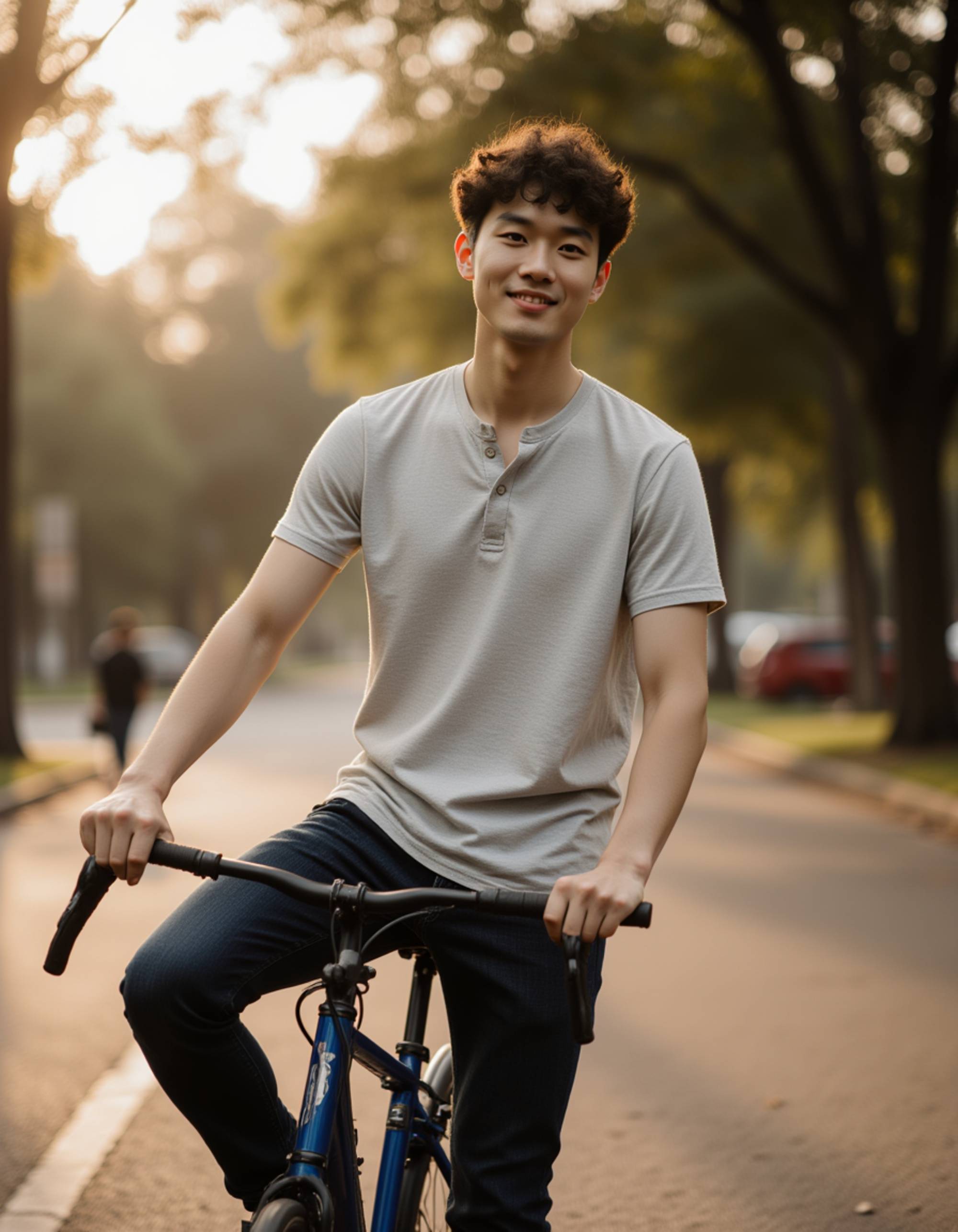 casual outdoor shot while leaning on a bike, natural posture, warm lighting and a friendly, active-profile energy