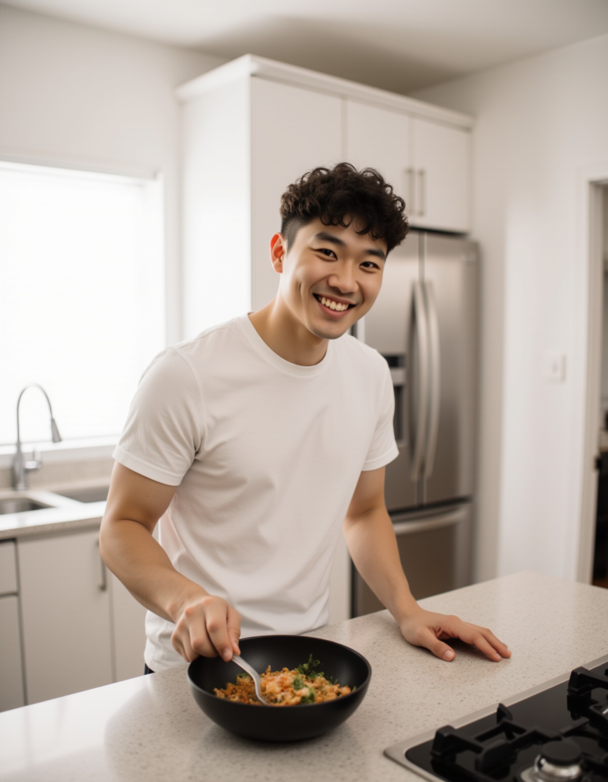 mid-laugh candid in a minimalist kitchen setting, hands resting on the counter, bright tones and an approachable vibe
