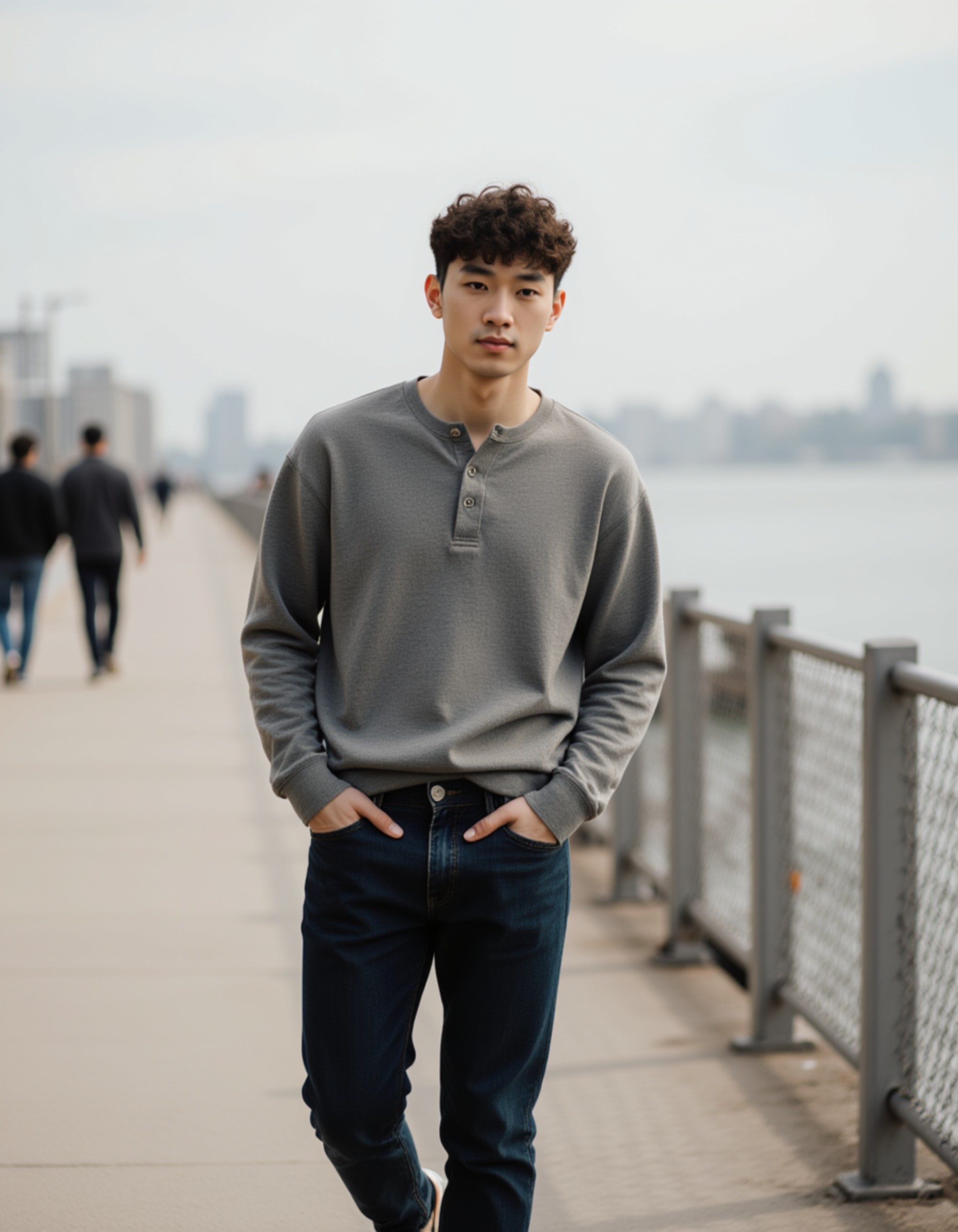 walking along a waterfront path, subtle motion in the background, confident stride and a calm, genuine expression