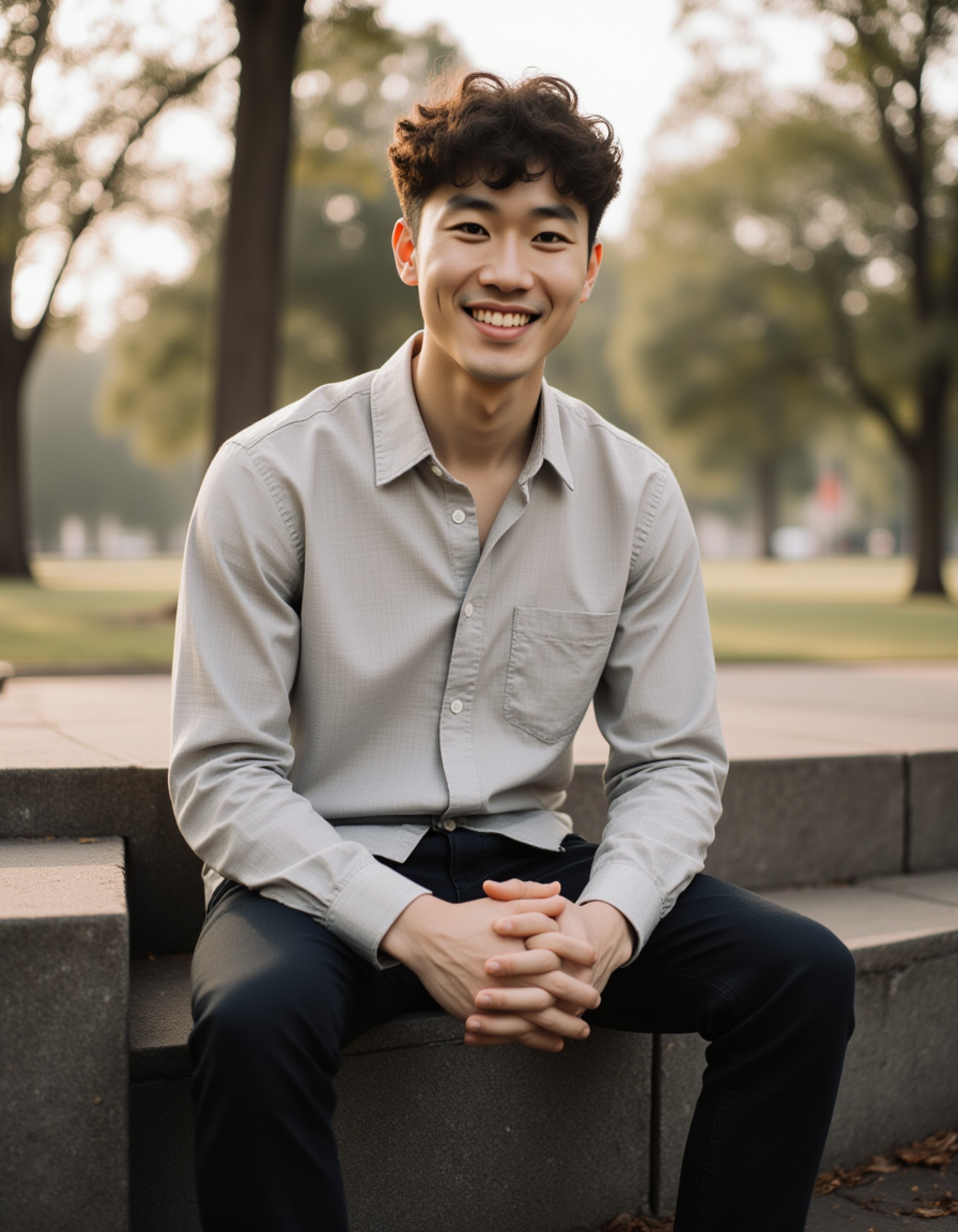 simple seated portrait on a bench, clean symmetrical framing, relaxed shoulders and a soft, authentic smile