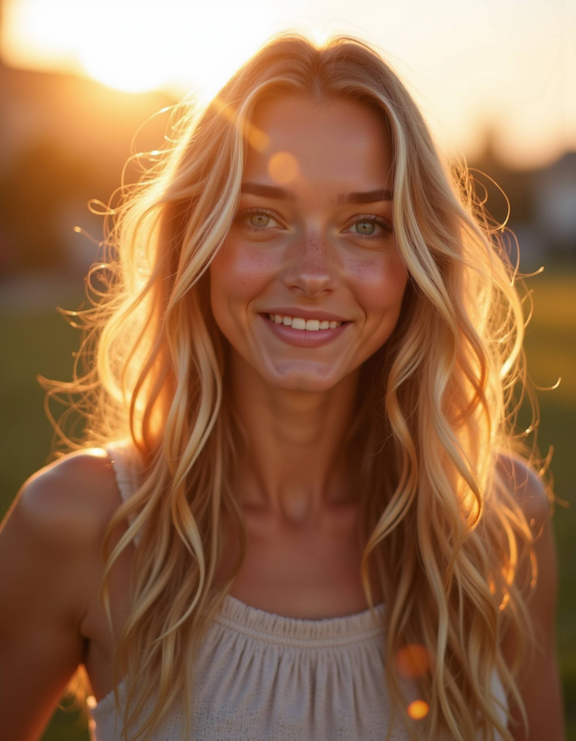 soft golden-hour portrait outdoors, gentle hair highlights, relaxed smile and a naturally warm vibe perfect for AI Bumble Photos