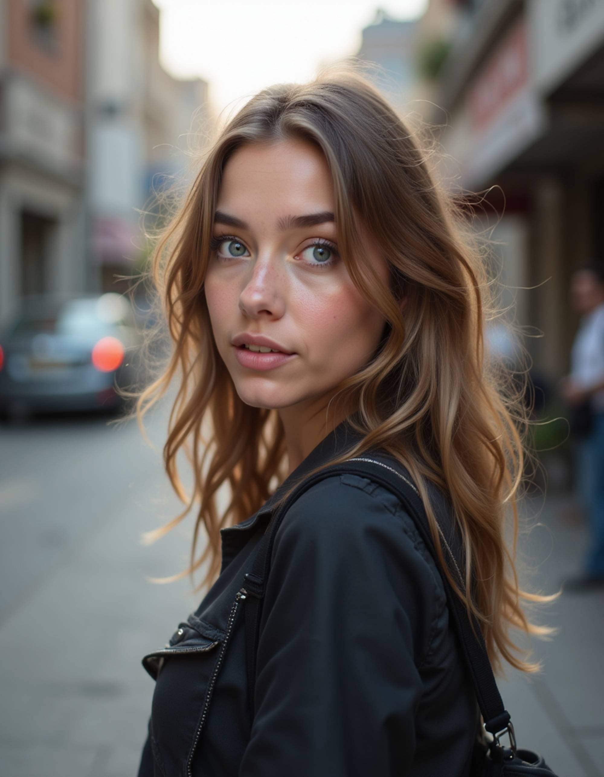 candid moment looking over the shoulder on a city sidewalk, subtle breeze through the hair, confident yet friendly expression