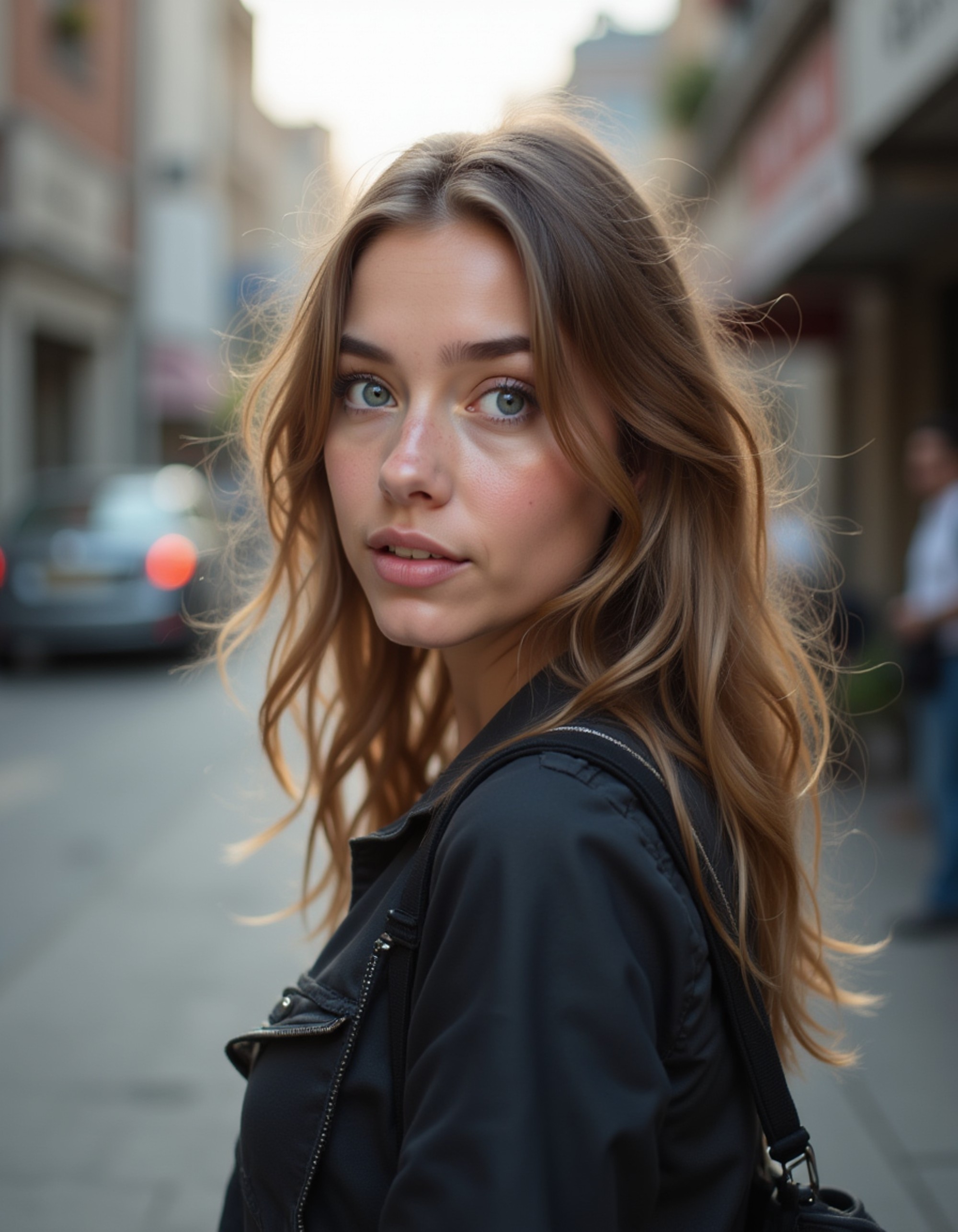candid moment looking over the shoulder on a city sidewalk, subtle breeze through the hair, confident yet friendly expression