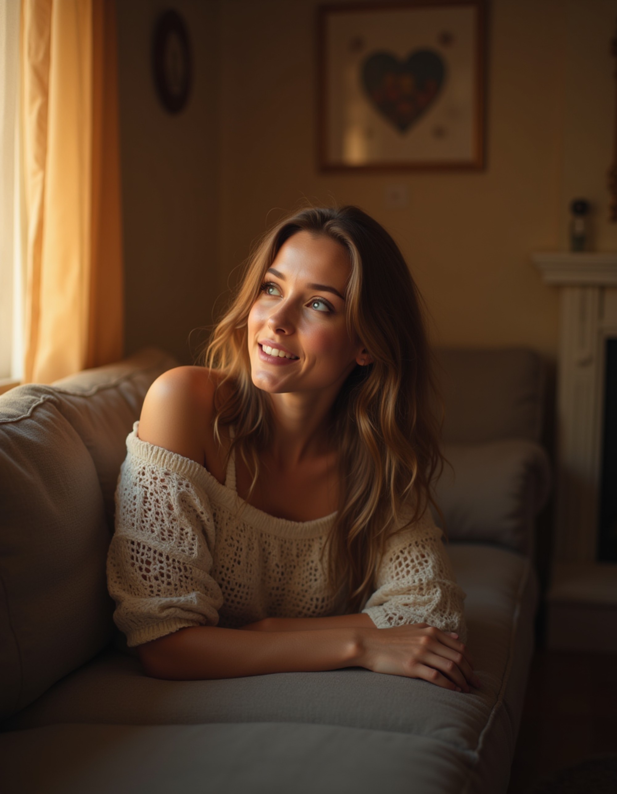cozy indoor shot on a couch with warm ambient lighting, relaxed pose, genuine smile and a calm inviting atmosphere