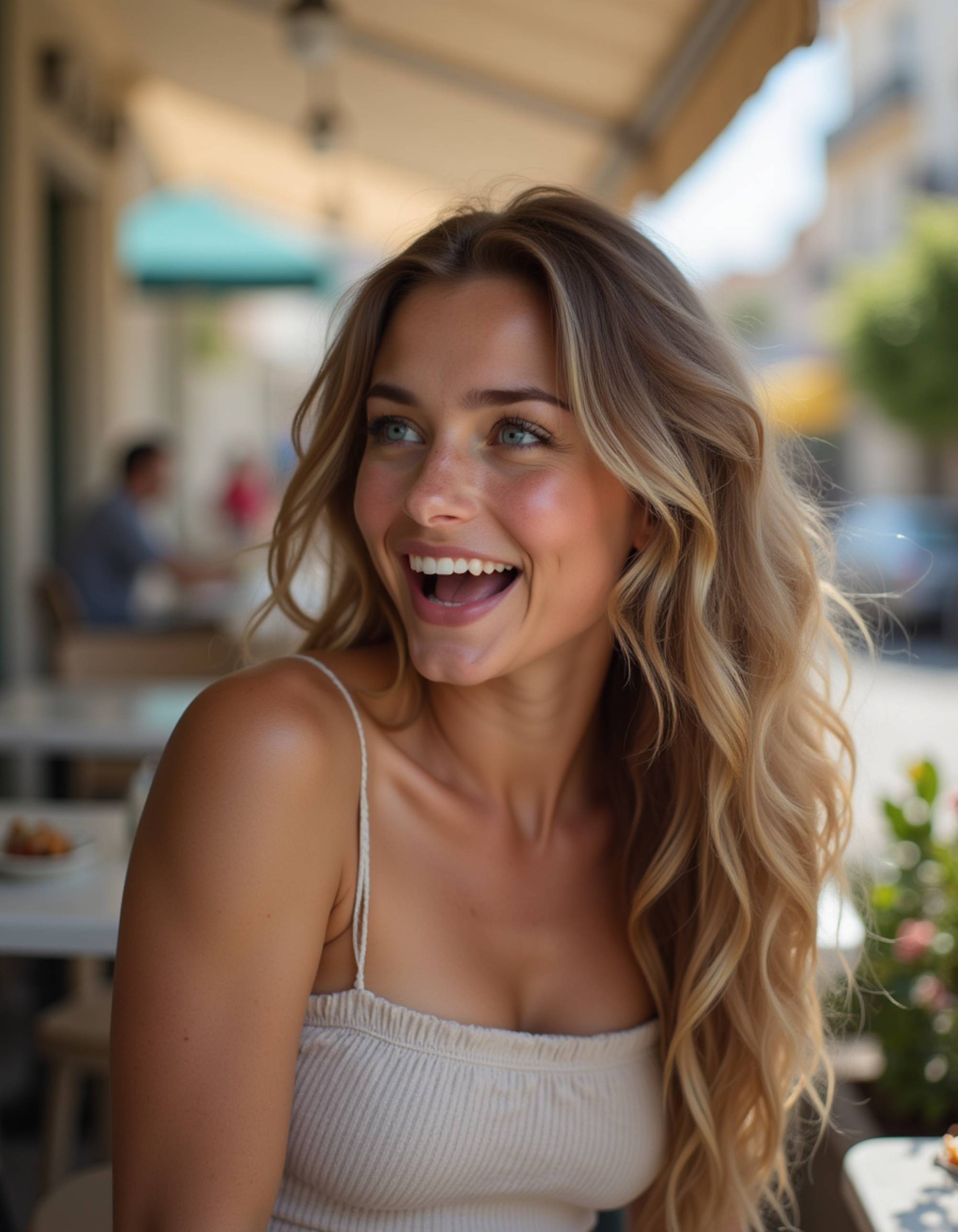 sitting at a café terrace, soft natural light on the face, effortless elegance with a light laugh captured mid-moment