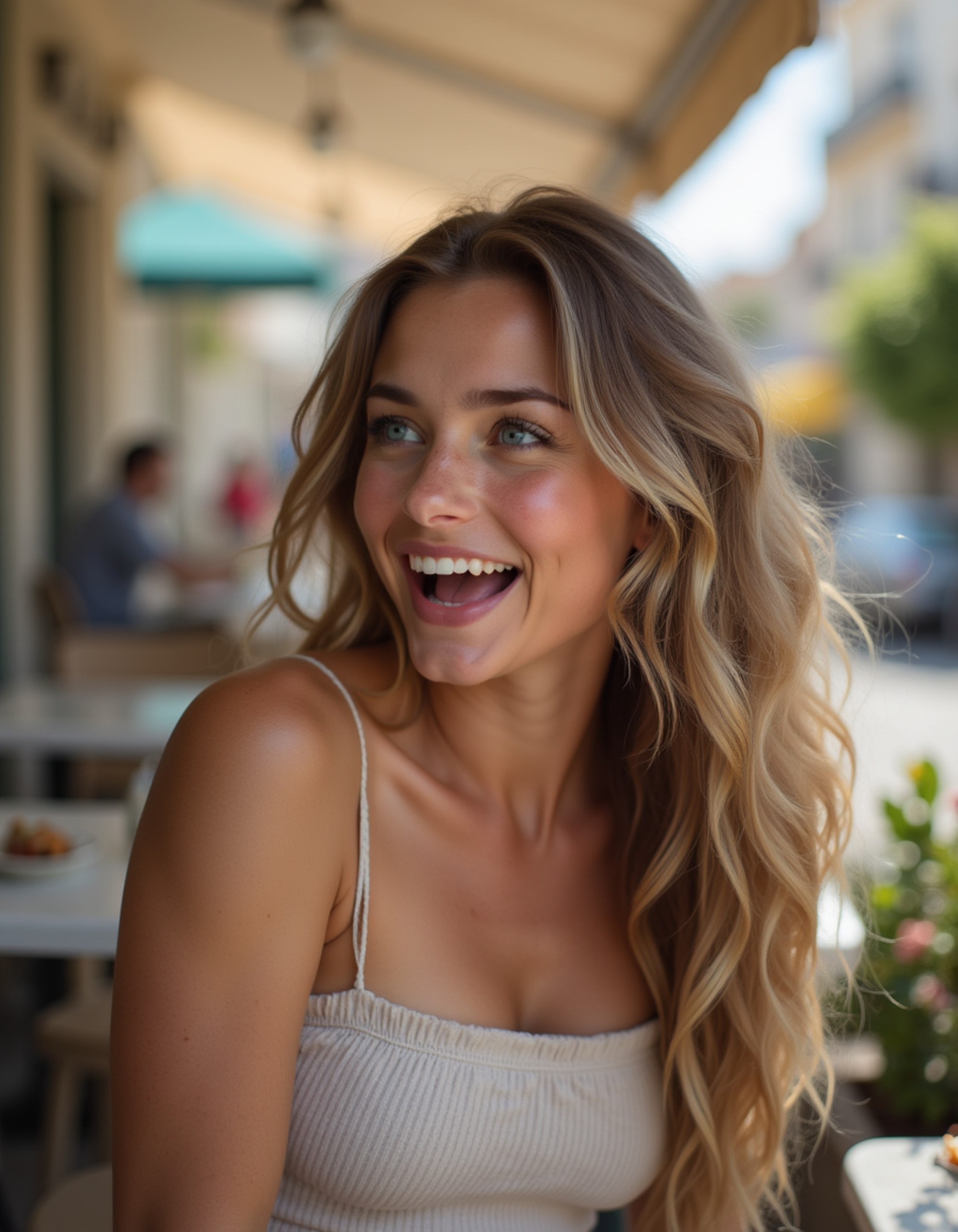 sitting at a café terrace, soft natural light on the face, effortless elegance with a light laugh captured mid-moment