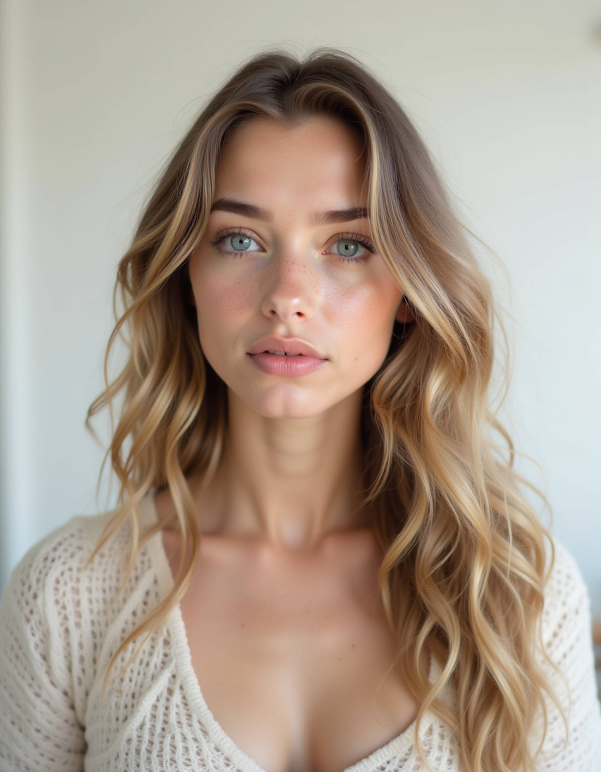 minimalist studio-style portrait with airy tones, gentle head tilt, clean look and an approachable, modern dating-profile feel