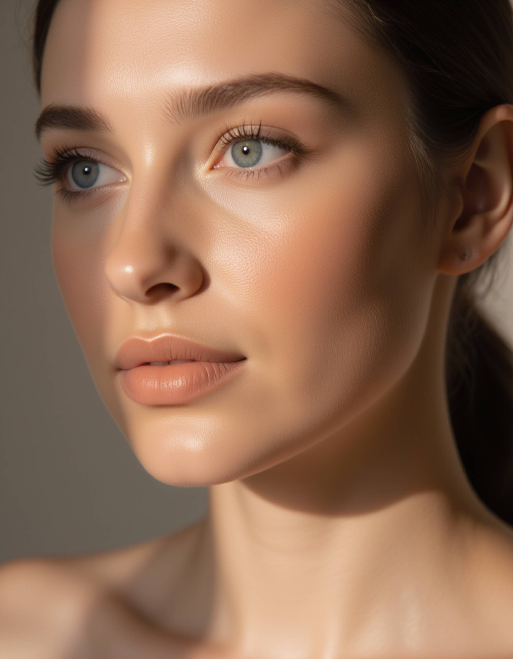 soft studio portrait with warm natural lighting, featuring subtle contouring, glossy lips, and a smooth airbrushed complexion for a clean makeup try-on aesthetic