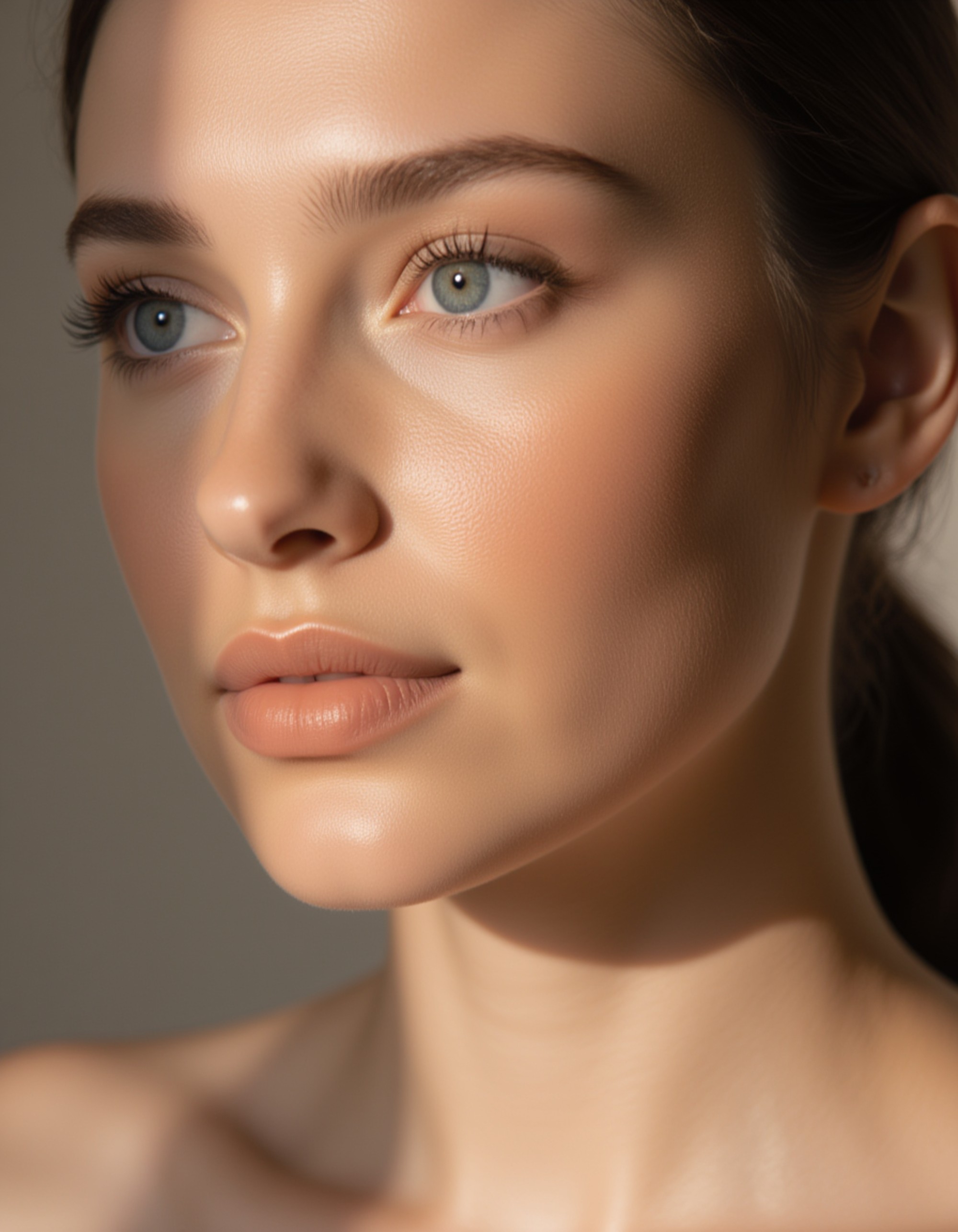 soft studio portrait with warm natural lighting, featuring subtle contouring, glossy lips, and a smooth airbrushed complexion for a clean makeup try-on aesthetic