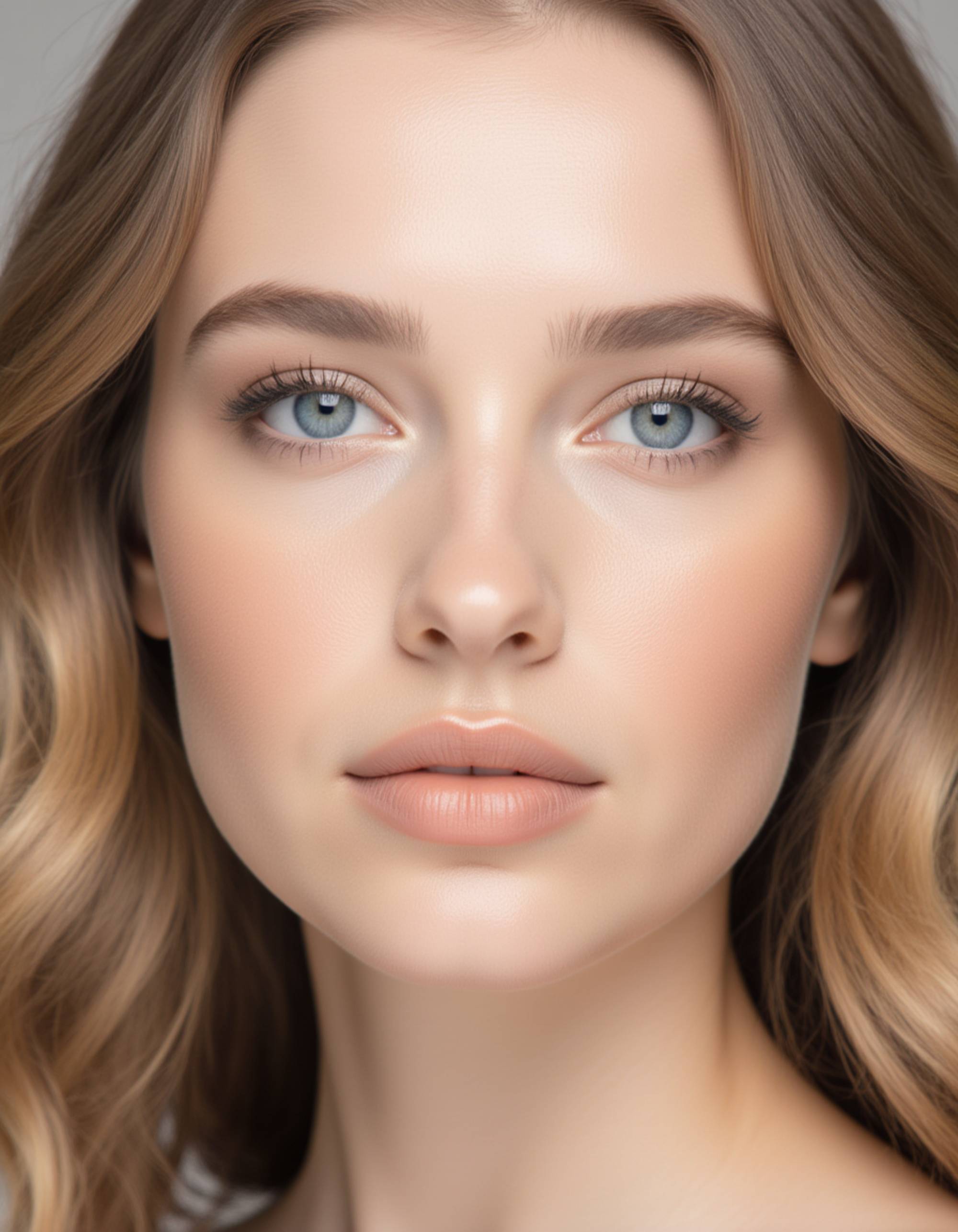 close-up beauty shot showcasing a flawless dewy base, shimmer eyeshadow, refined eyeliner, and perfectly blended blush to highlight the AI Makeup Try-On effect