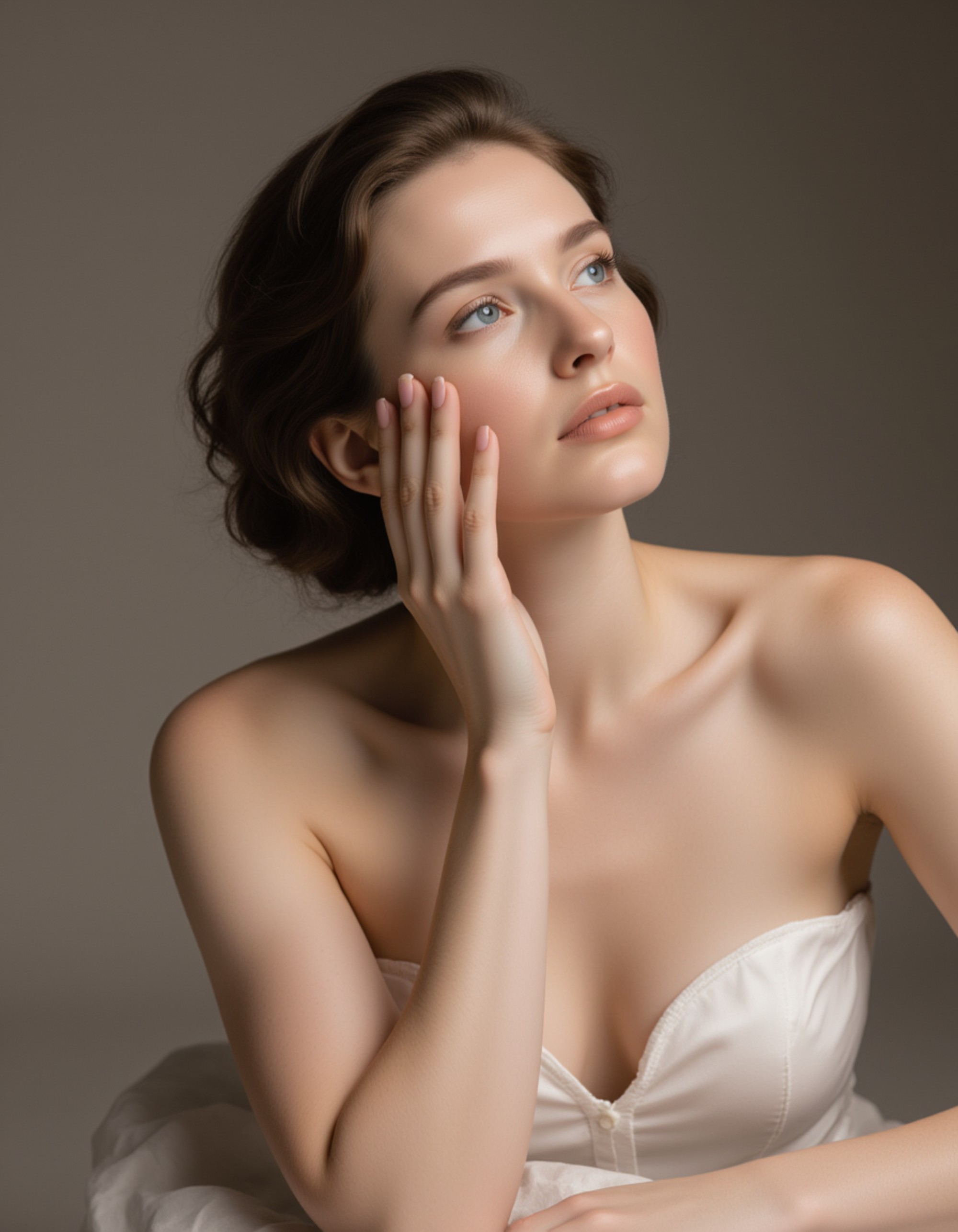 elegant seated pose with head slightly tilted, wearing radiant skin makeup, nude lipstick, and softly sculpted cheekbones under diffused lighting