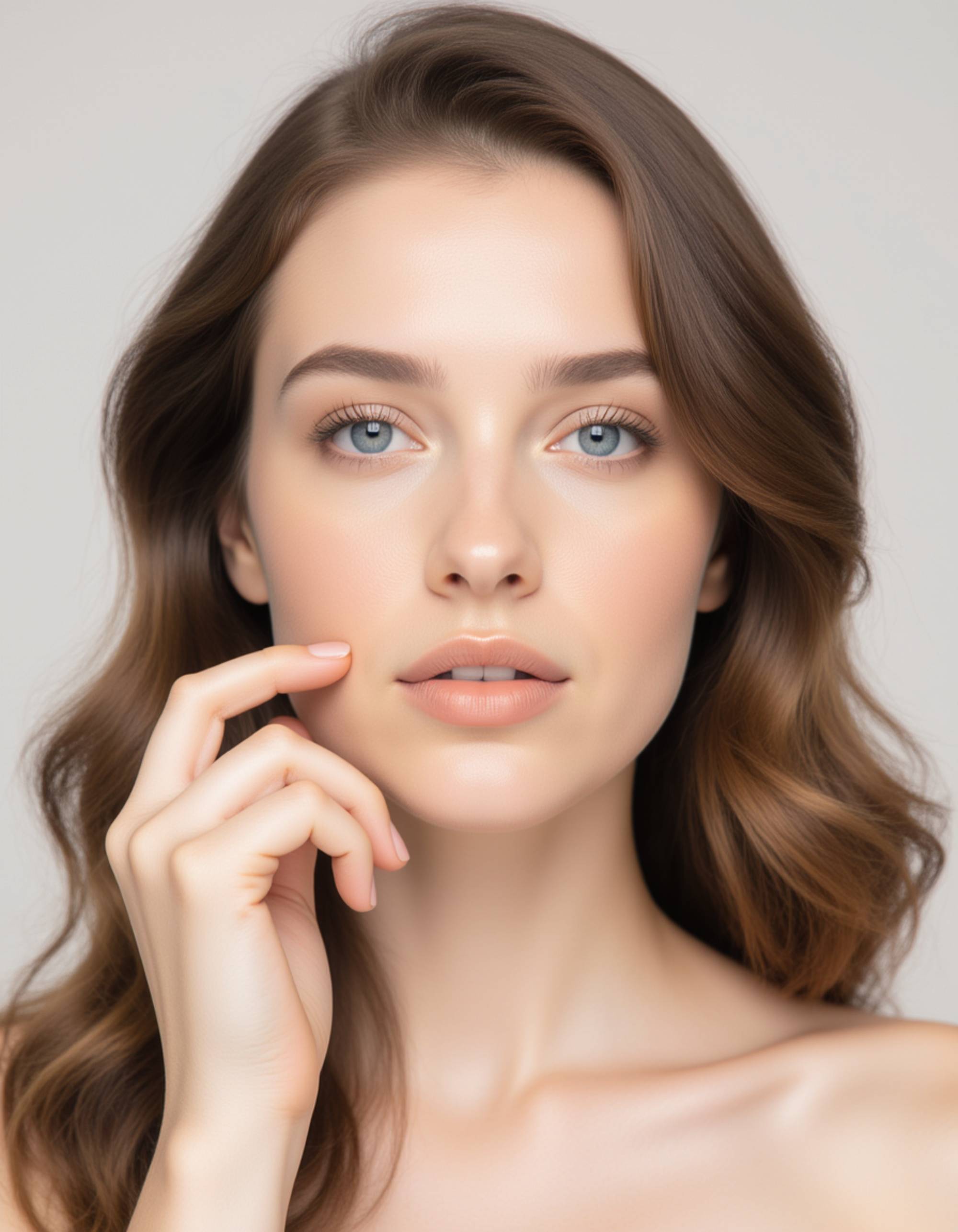 clean skincare-inspired framing with minimal background, focusing on natural glam makeup, soft matte foundation, peach-toned blush, and refined brows