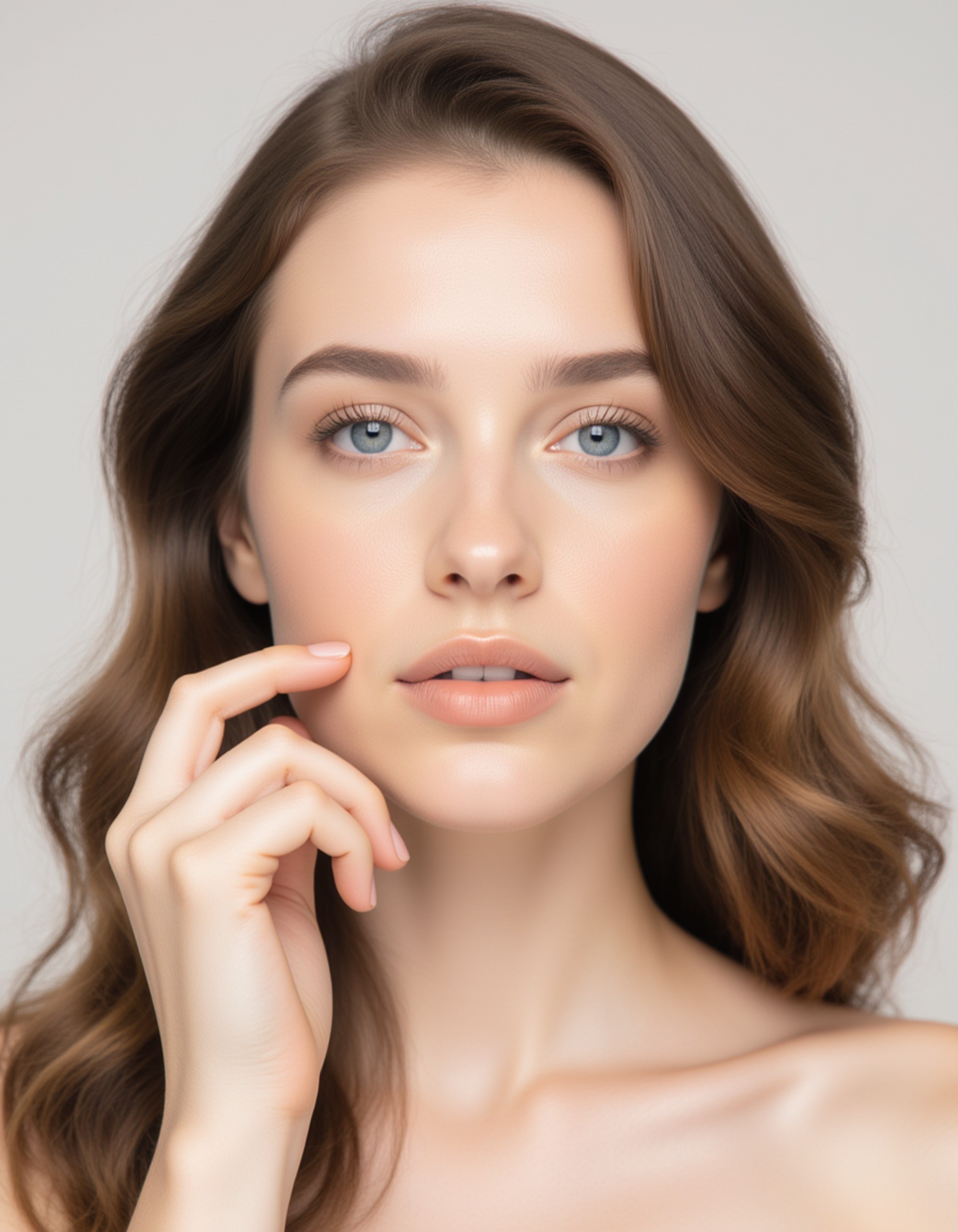 clean skincare-inspired framing with minimal background, focusing on natural glam makeup, soft matte foundation, peach-toned blush, and refined brows