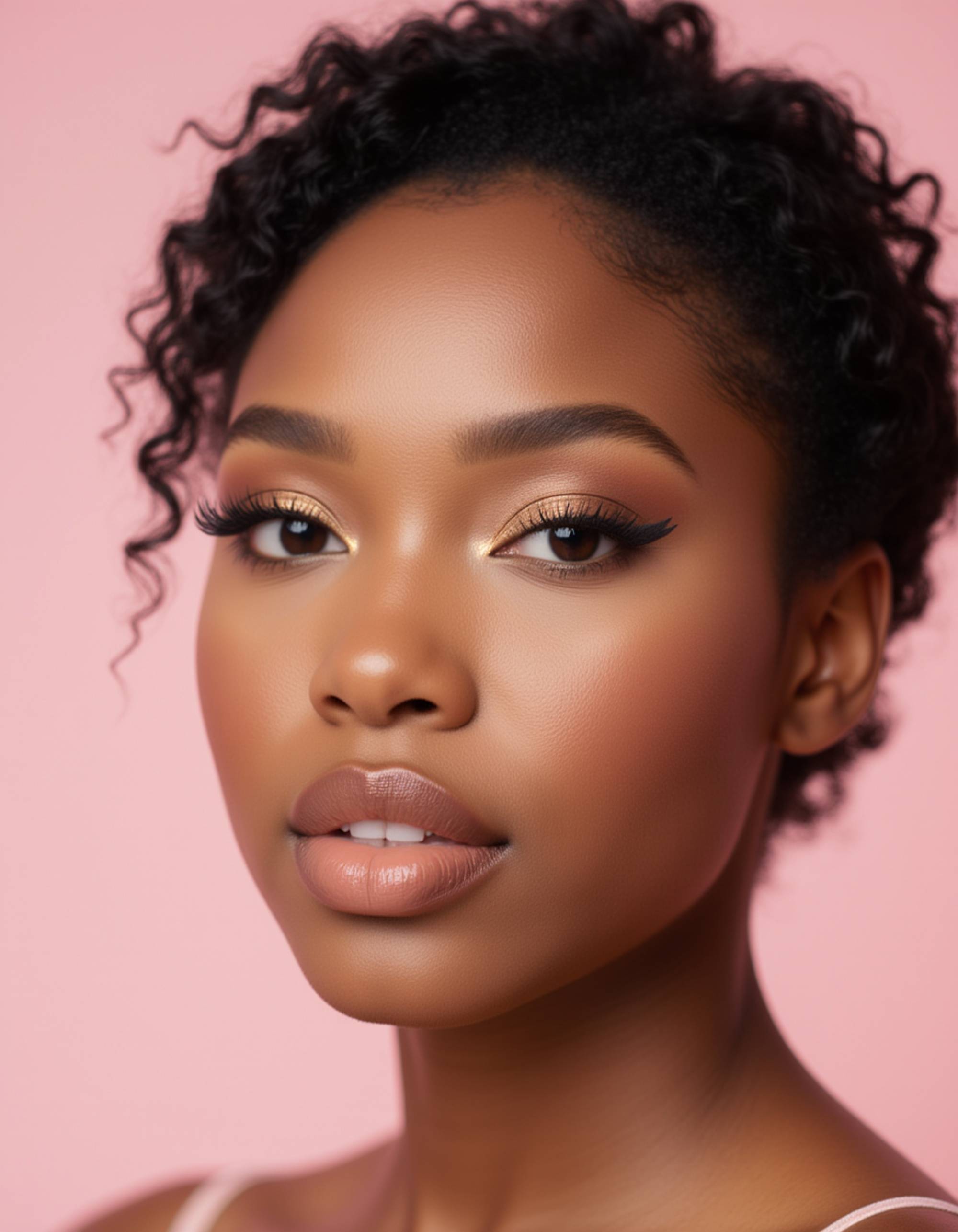 close-up beauty portrait featuring shimmering gold eyeshadow, dramatic winged eyeliner, and glossy peach lips, captured against a soft pastel backdrop for a striking AI Makeup Try-On effect