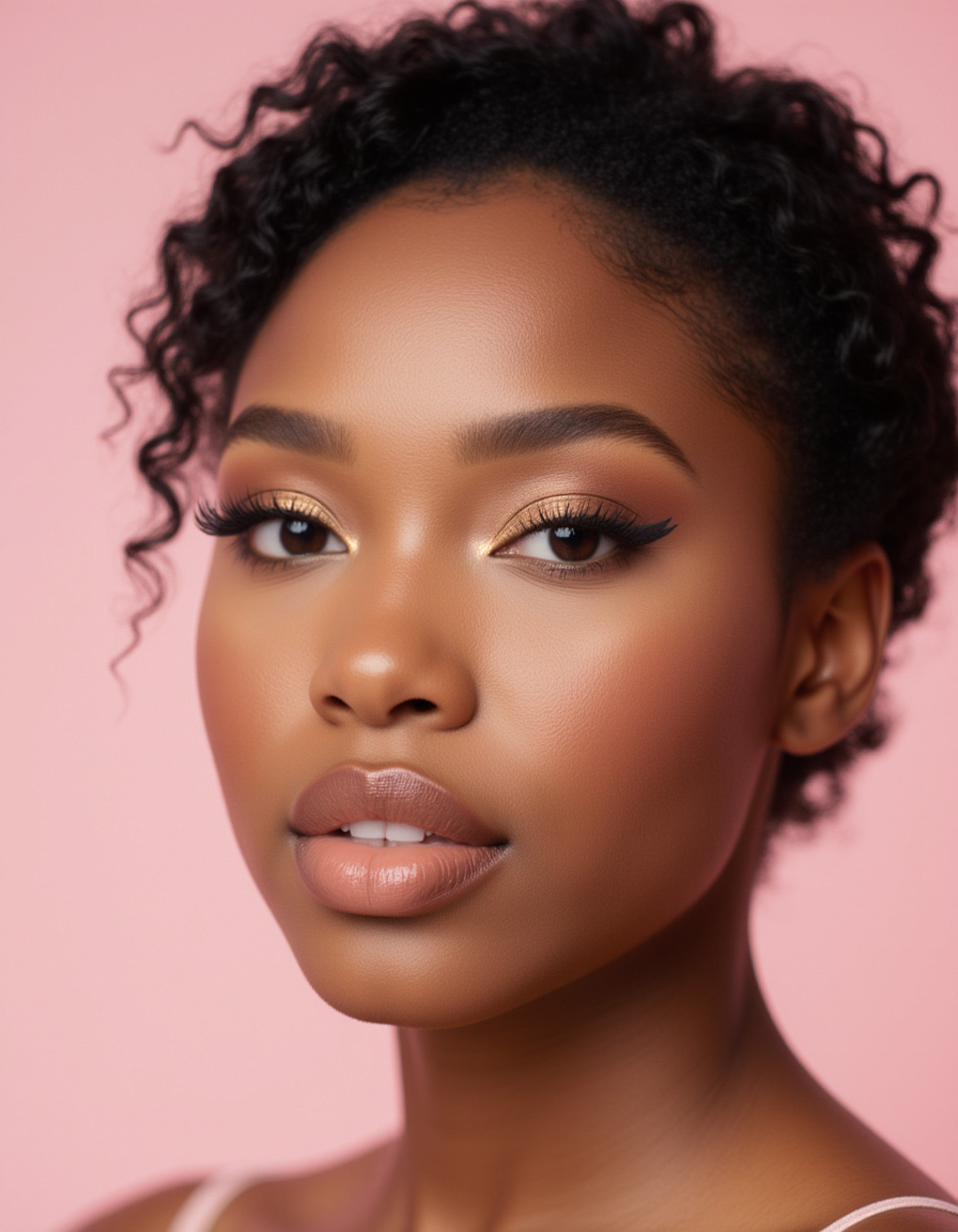 close-up beauty portrait featuring shimmering gold eyeshadow, dramatic winged eyeliner, and glossy peach lips, captured against a soft pastel backdrop for a striking AI Makeup Try-On effect