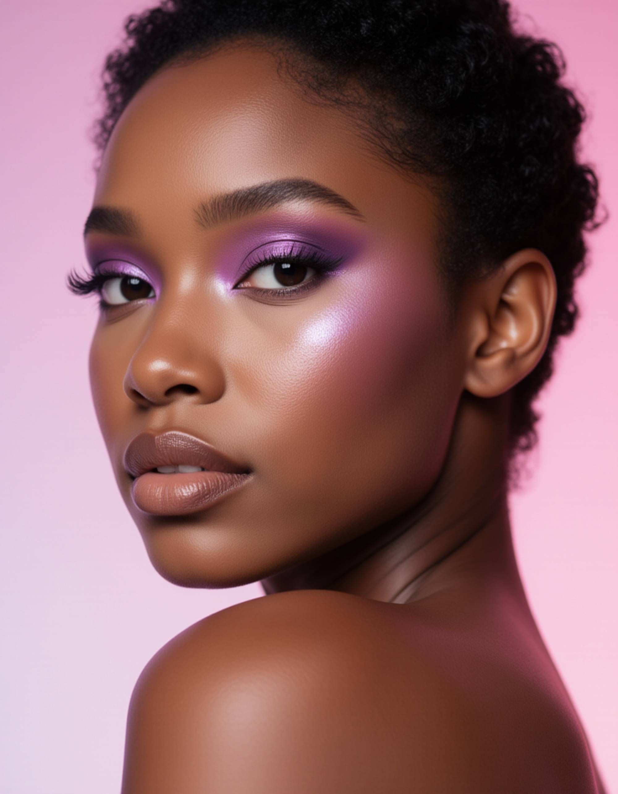 close-up shot showcasing vibrant metallic purple eyeshadow, sharp contouring, and luminous highlighter along the cheekbones, set against a smooth pastel background