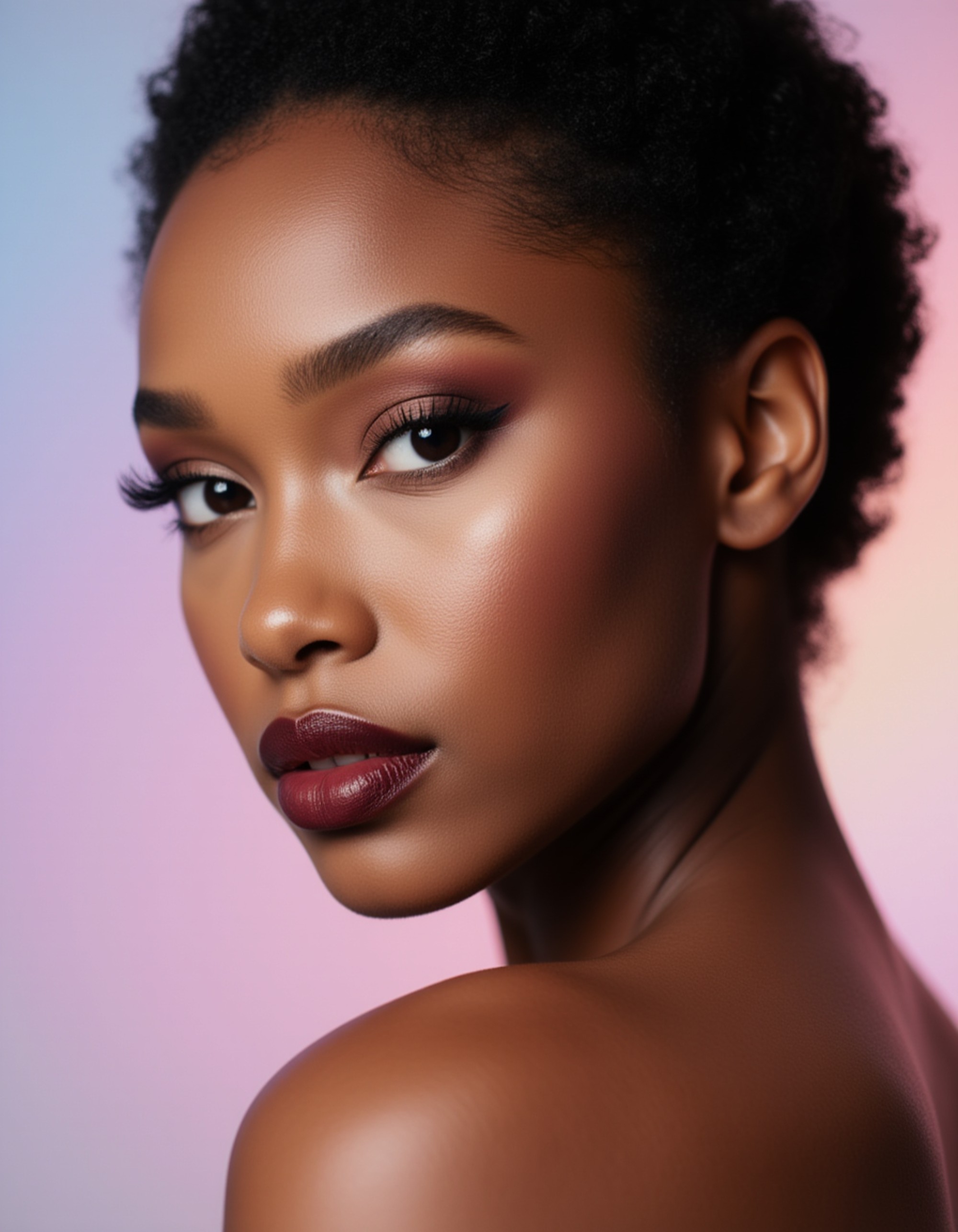 bold editorial makeup look with deep wine lipstick, smoky eyes, and sculpted cheeks, photographed in a close-up frame with a gentle pastel gradient behind