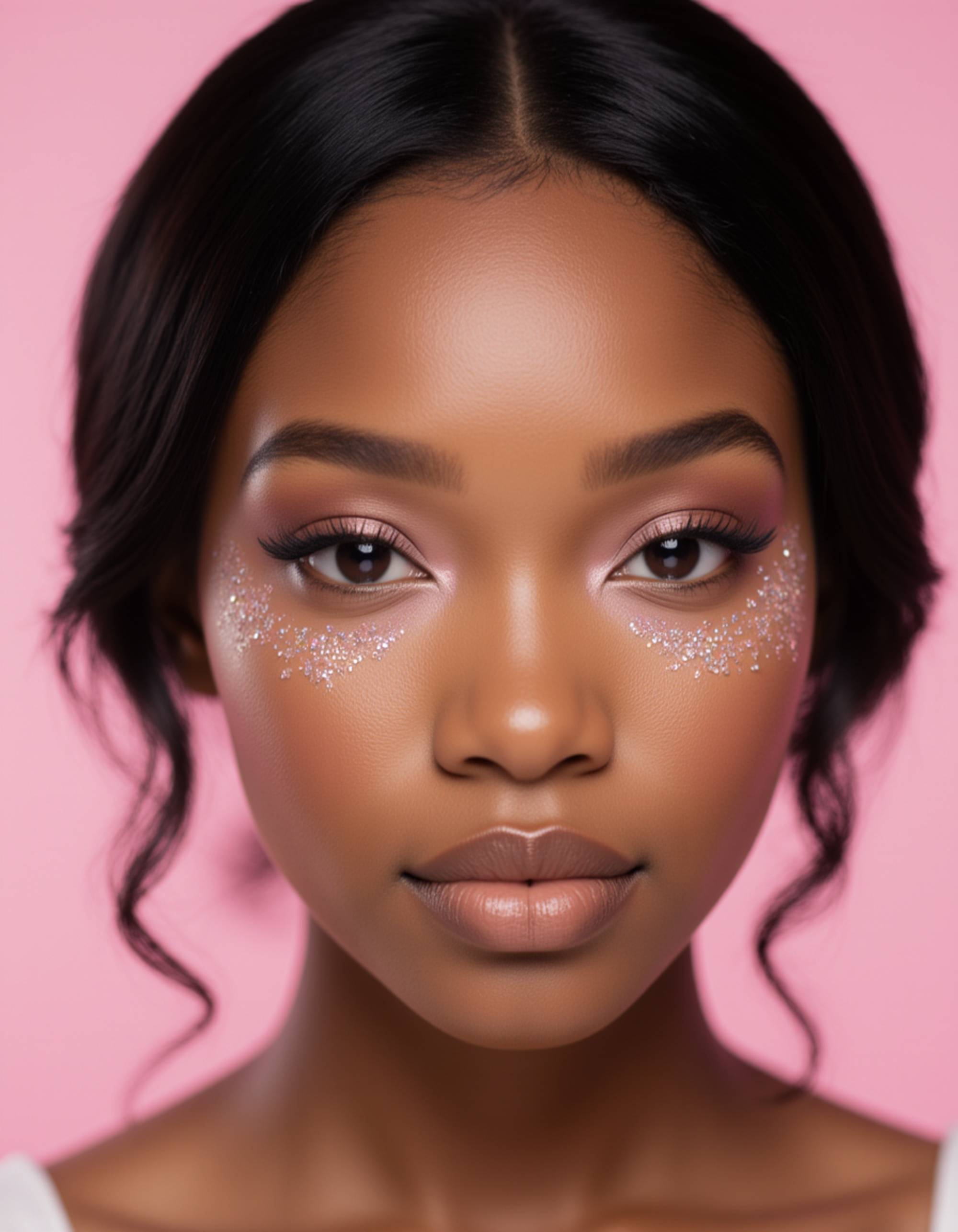 artistic makeup style with subtle face jewels under the eyes, iridescent highlighter on the temples, and a soft halo blush, captured in a tight close-up against a pastel background