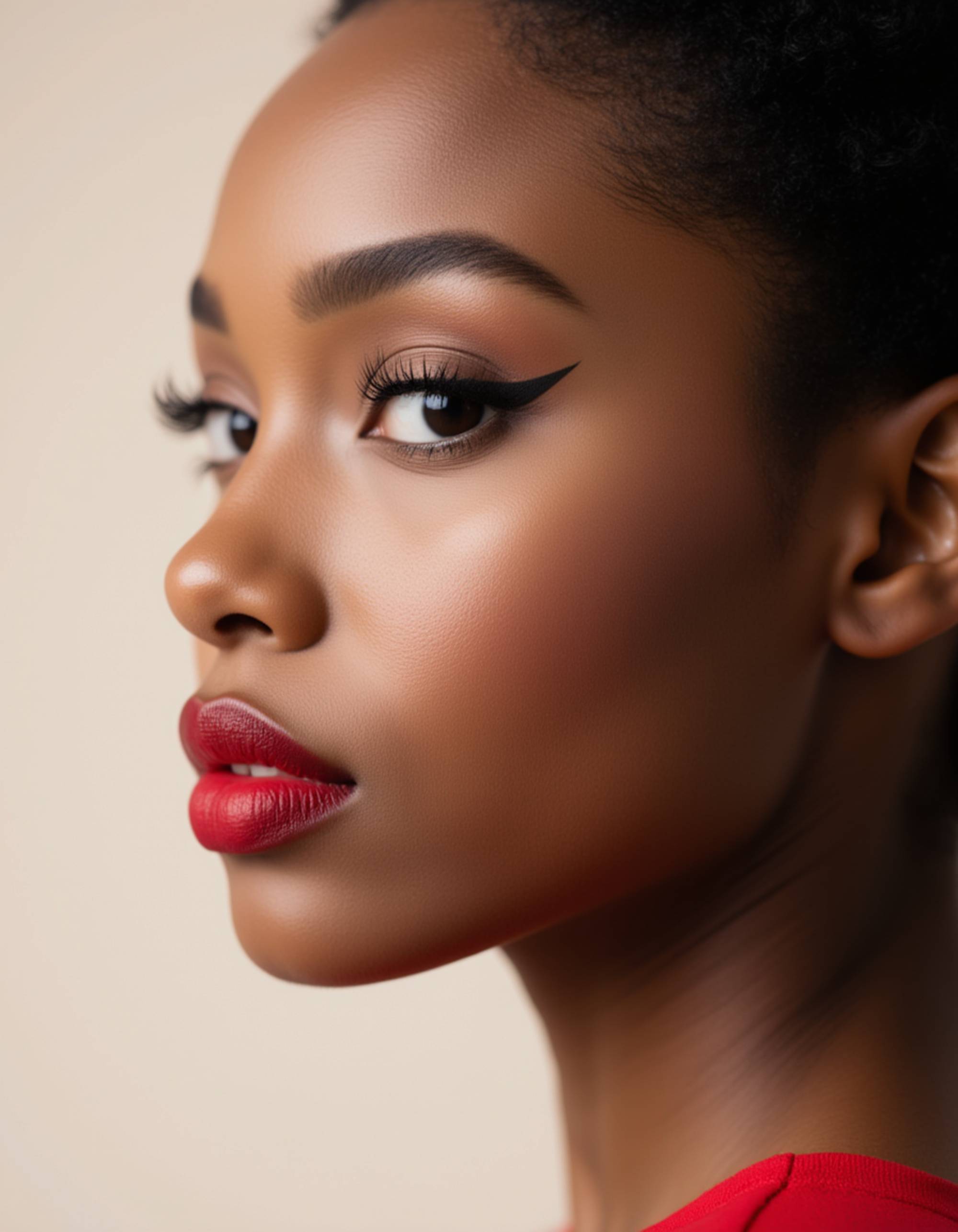 elegant profile close-up featuring classic vintage makeup: defined brows, matte red lips, and softly diffused eyeliner, set against a light pastel background for a timeless AI Makeup Try-On aesthetic