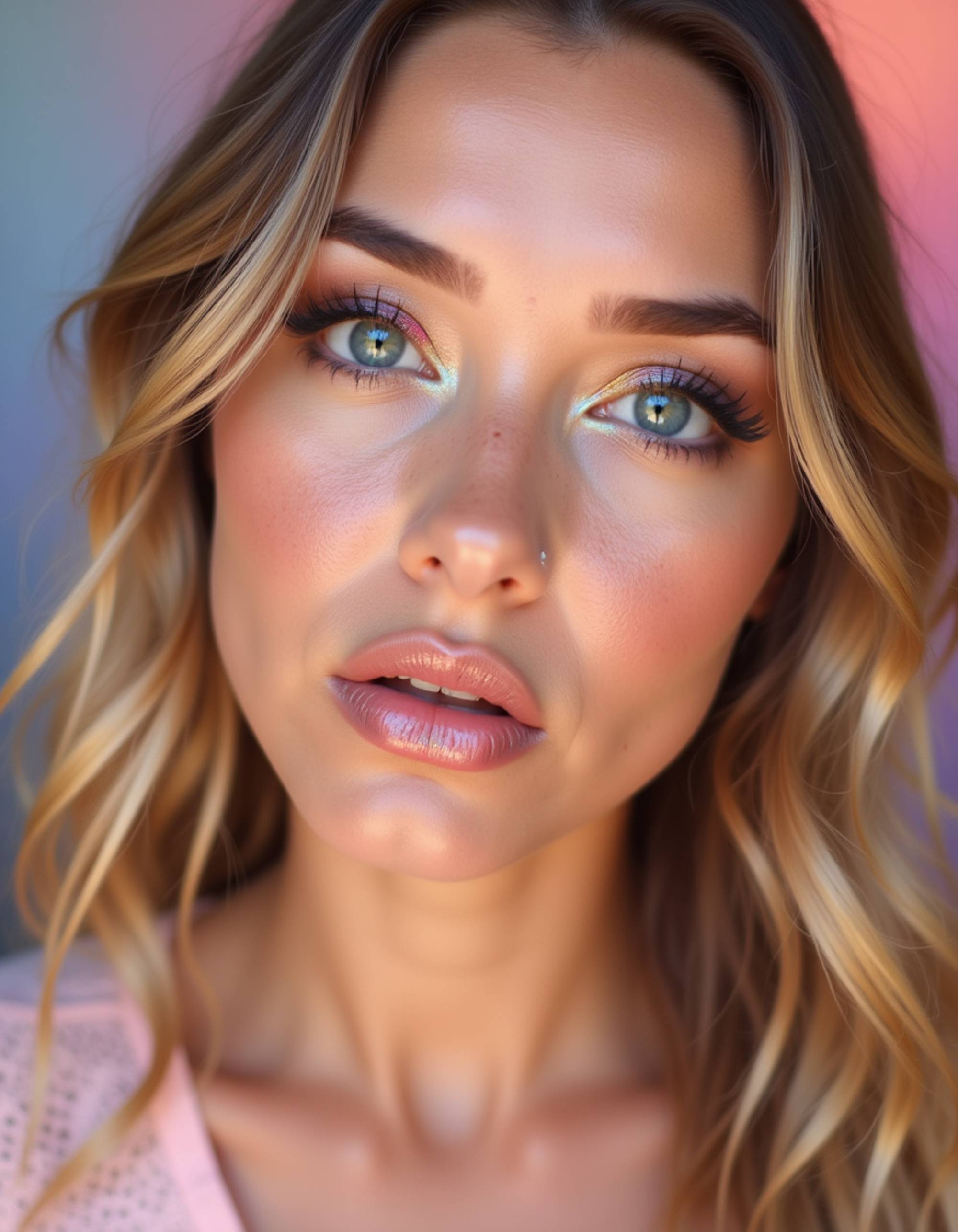 close-up portrait with bold chrome eyeliner, holographic eyeshadow, and a glossy ombre lip, illuminated by diffused light against a soft pastel background
