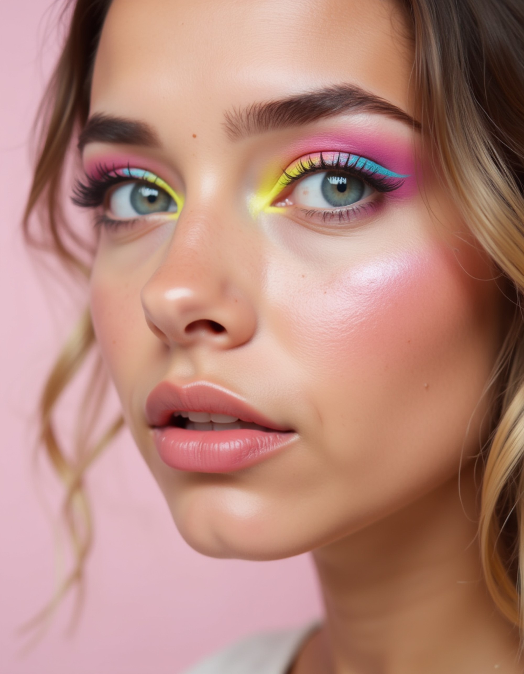 beauty close-up featuring vibrant neon eyeliner, soft matte foundation, and a gradient blush that blends into the temples, set on a clean pastel backdrop