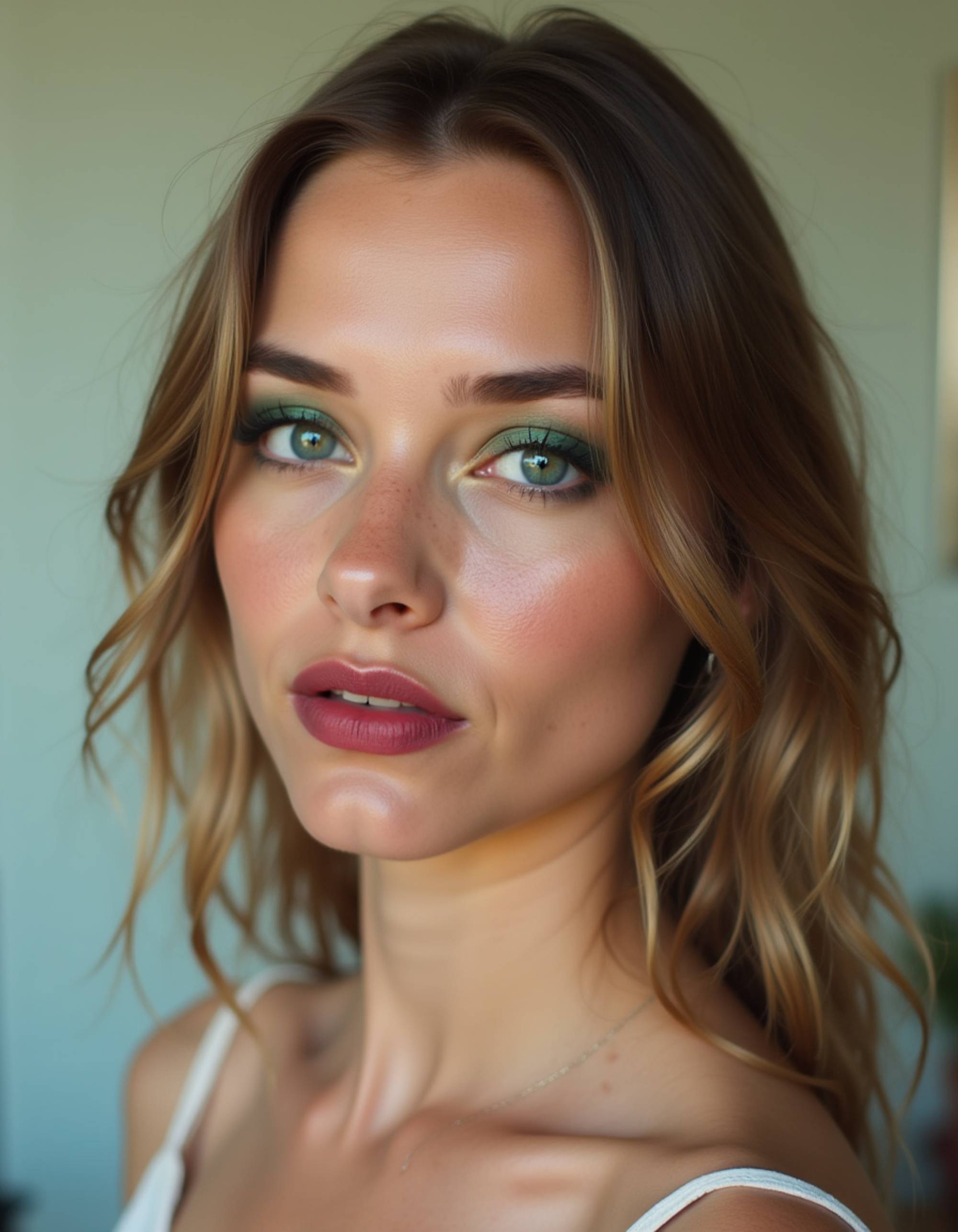 editorial-style shot with smoky emerald eyeshadow, sharp contouring, and velvet-finish berry lipstick, captured in a tight frame with a pastel background