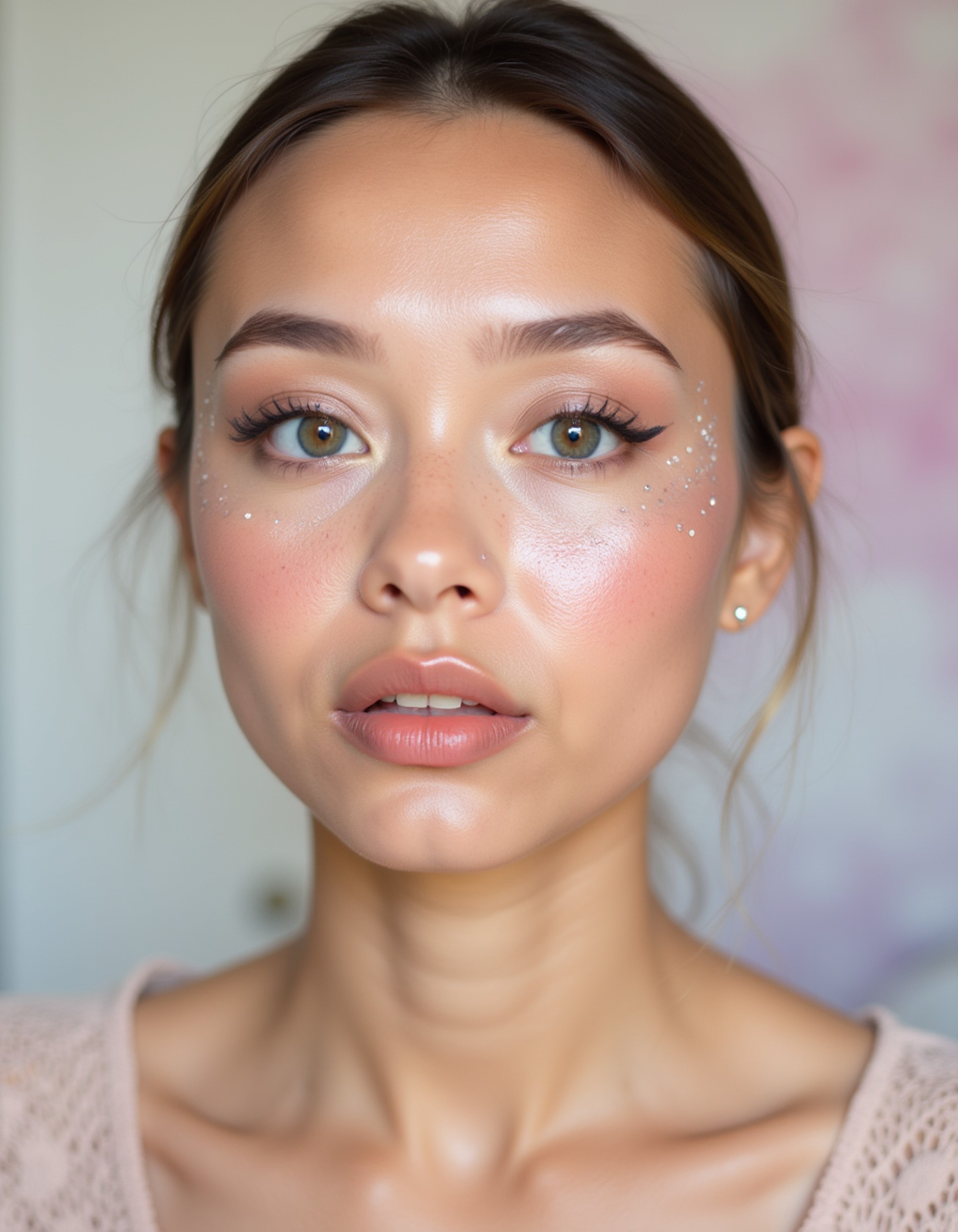 artistic makeup look using pearlescent highlighter, delicate gemstone accents around the eyes, and metallic blush, photographed against a pale pastel gradient