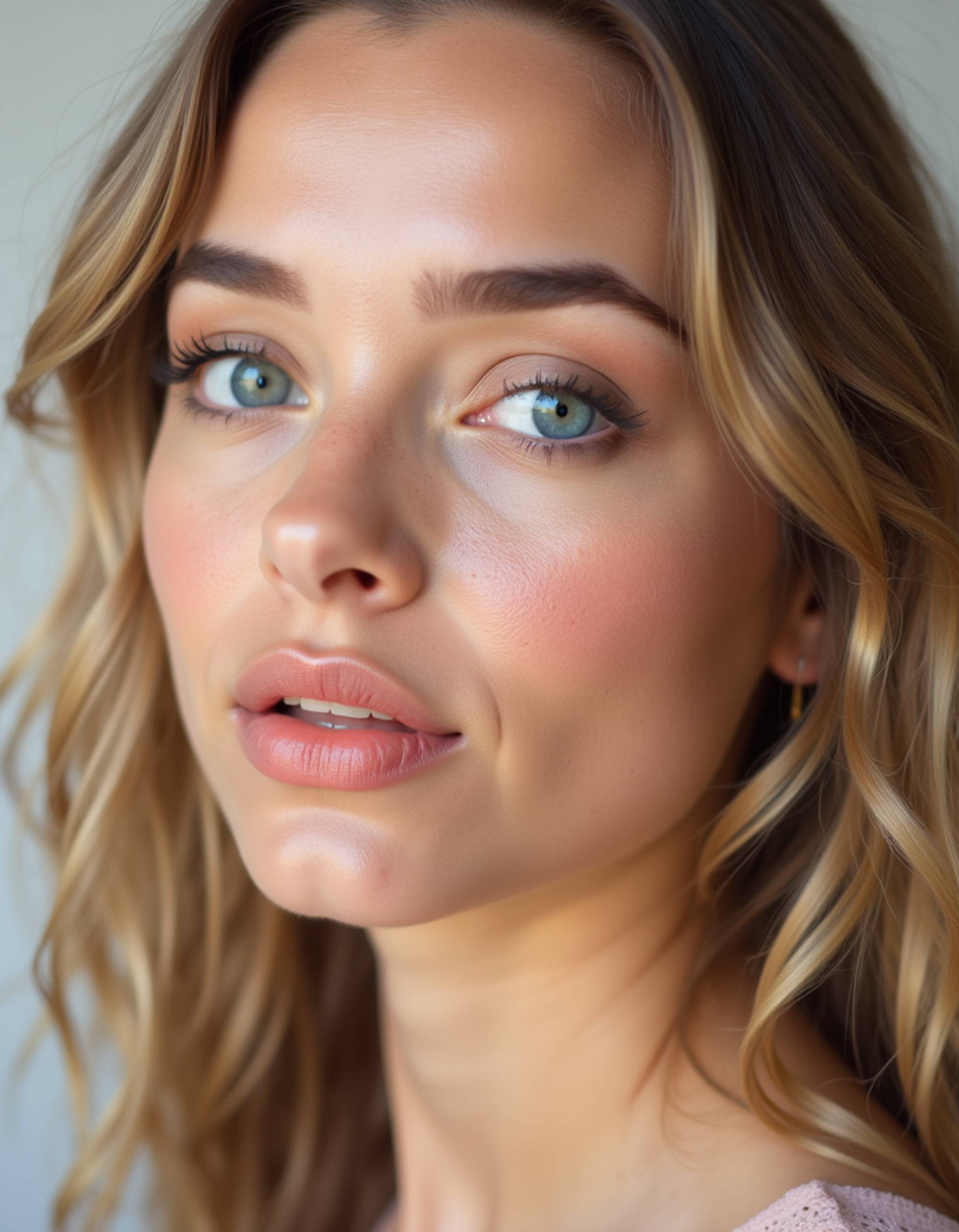 glam beauty shot with soft-cut crease eyeshadow, glossy coral lips, and radiant highlighter along the jawline, framed closely with a subtle pastel backdrop