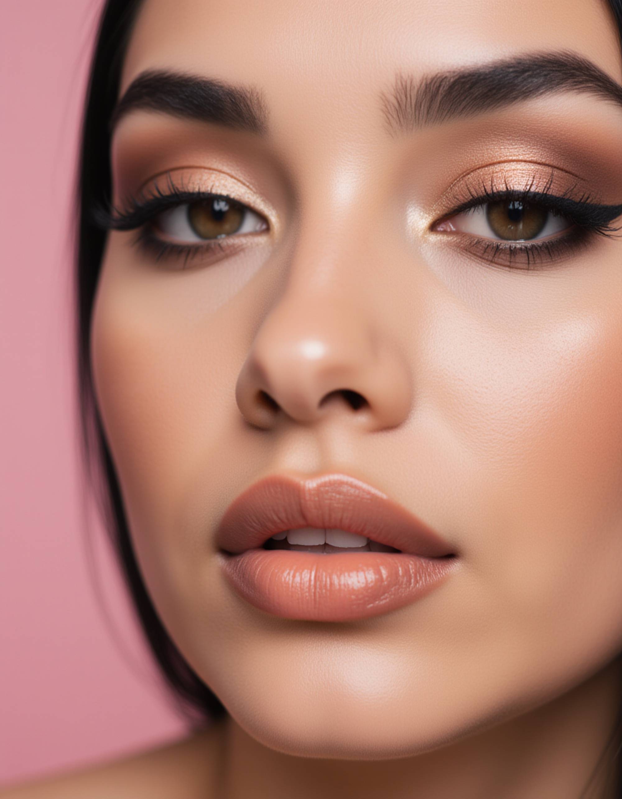 close-up shot highlighting dramatic winged eyeliner, shimmering rose-gold eyeshadow, and high-gloss nude lips, captured against a delicate pastel background