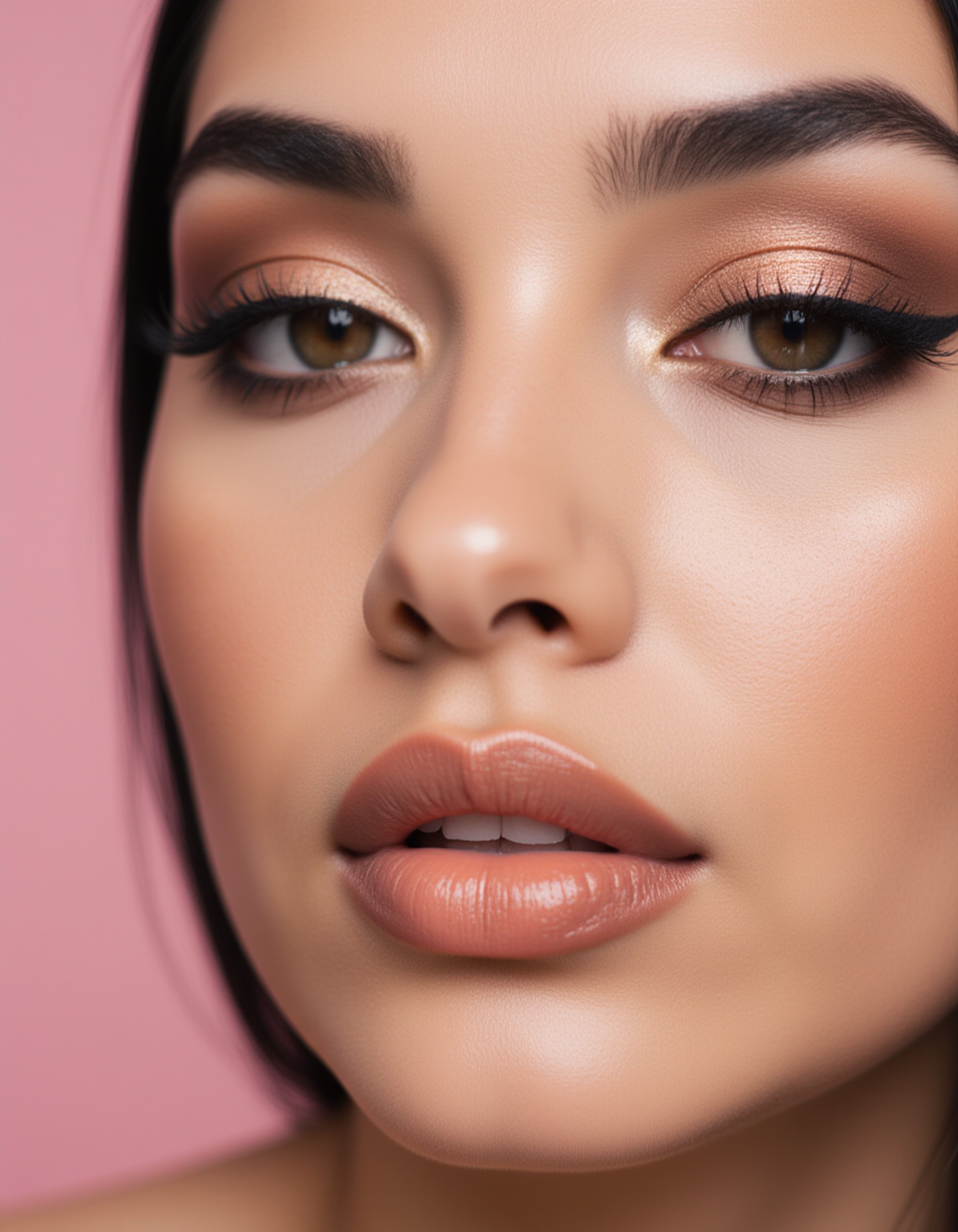 close-up shot highlighting dramatic winged eyeliner, shimmering rose-gold eyeshadow, and high-gloss nude lips, captured against a delicate pastel background