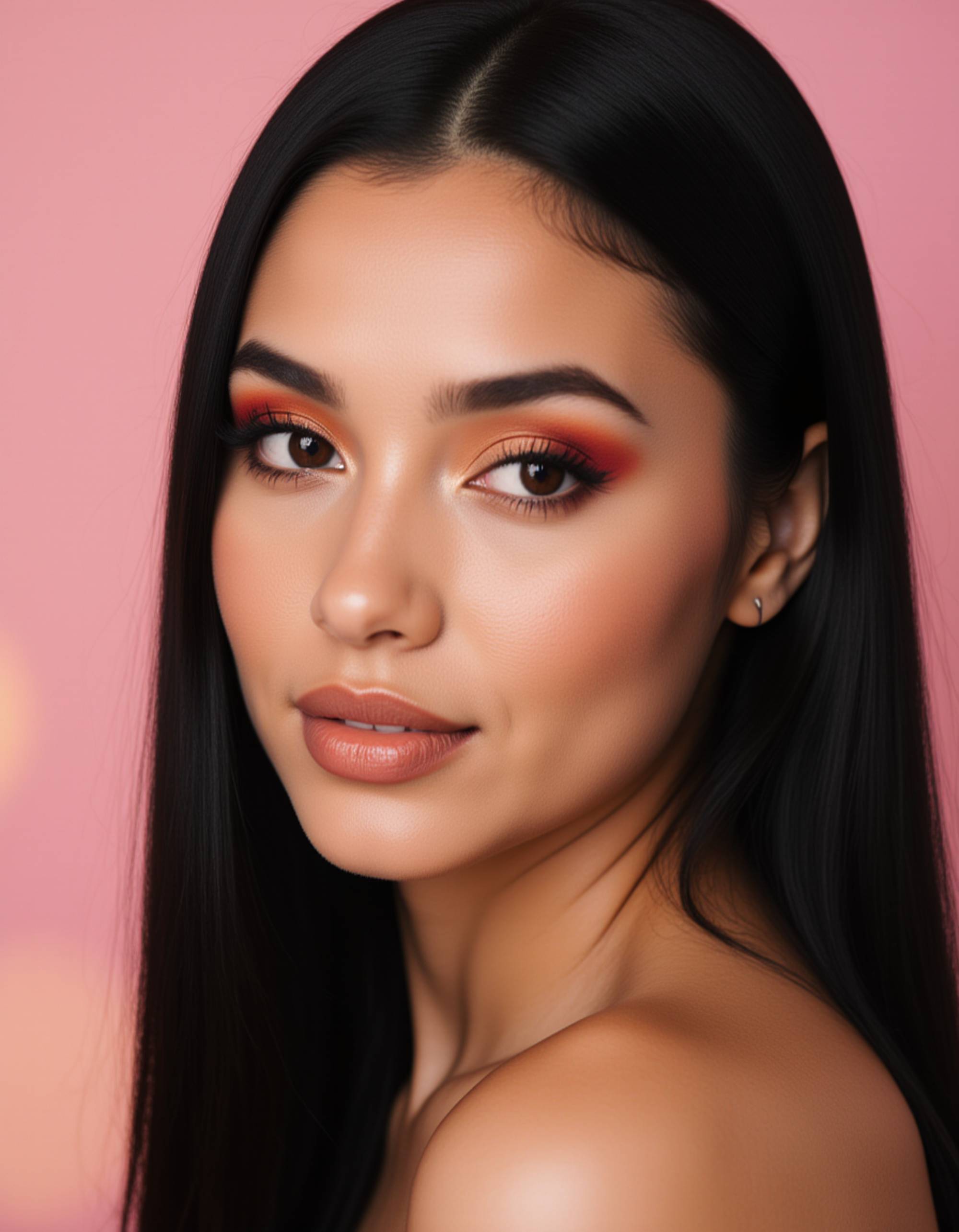 beauty portrait featuring vibrant sunset-toned eyeshadow, softly sculpted contour, and a glossy cherry lip tint, framed tightly with a pastel gradient backdrop