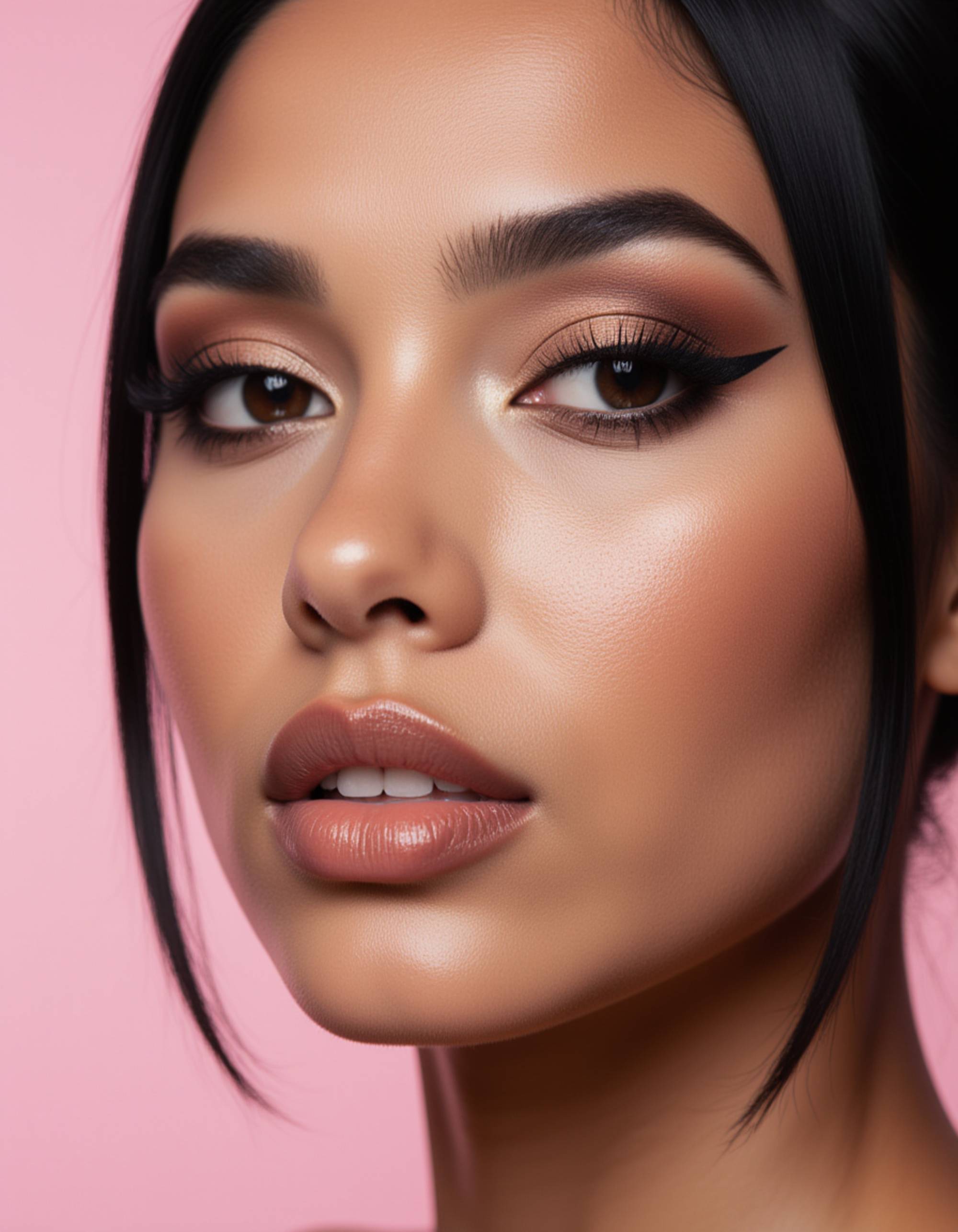 editorial close-up with bold graphic eyeliner, matte velvet skin, and metallic lip color, photographed with soft diffused lighting over a pastel background