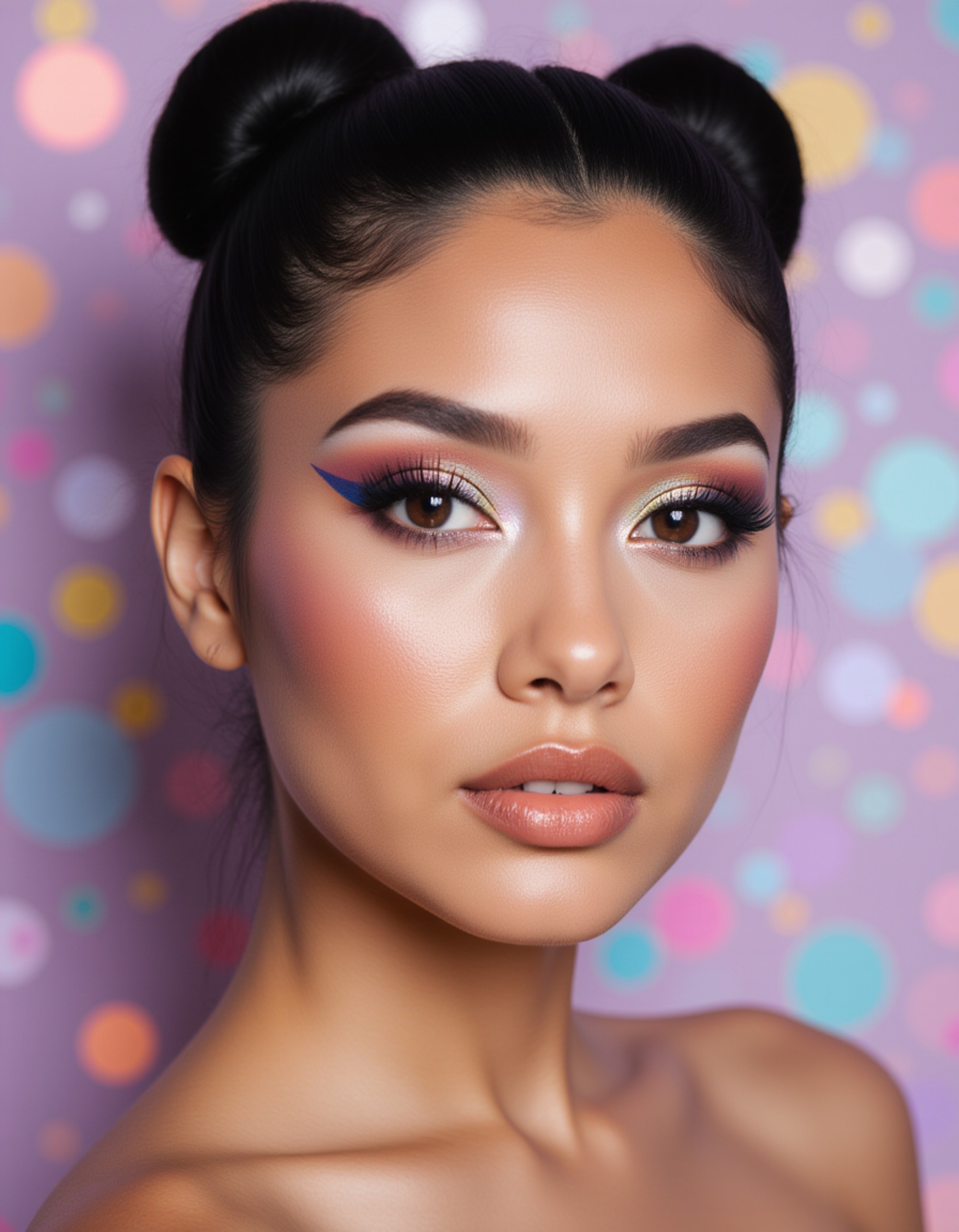 artistic makeup look with multicolor iridescent eyeshadow, dewy-highlighted cheekbones, and chrome-accented brows, set against a minimal pastel backdrop