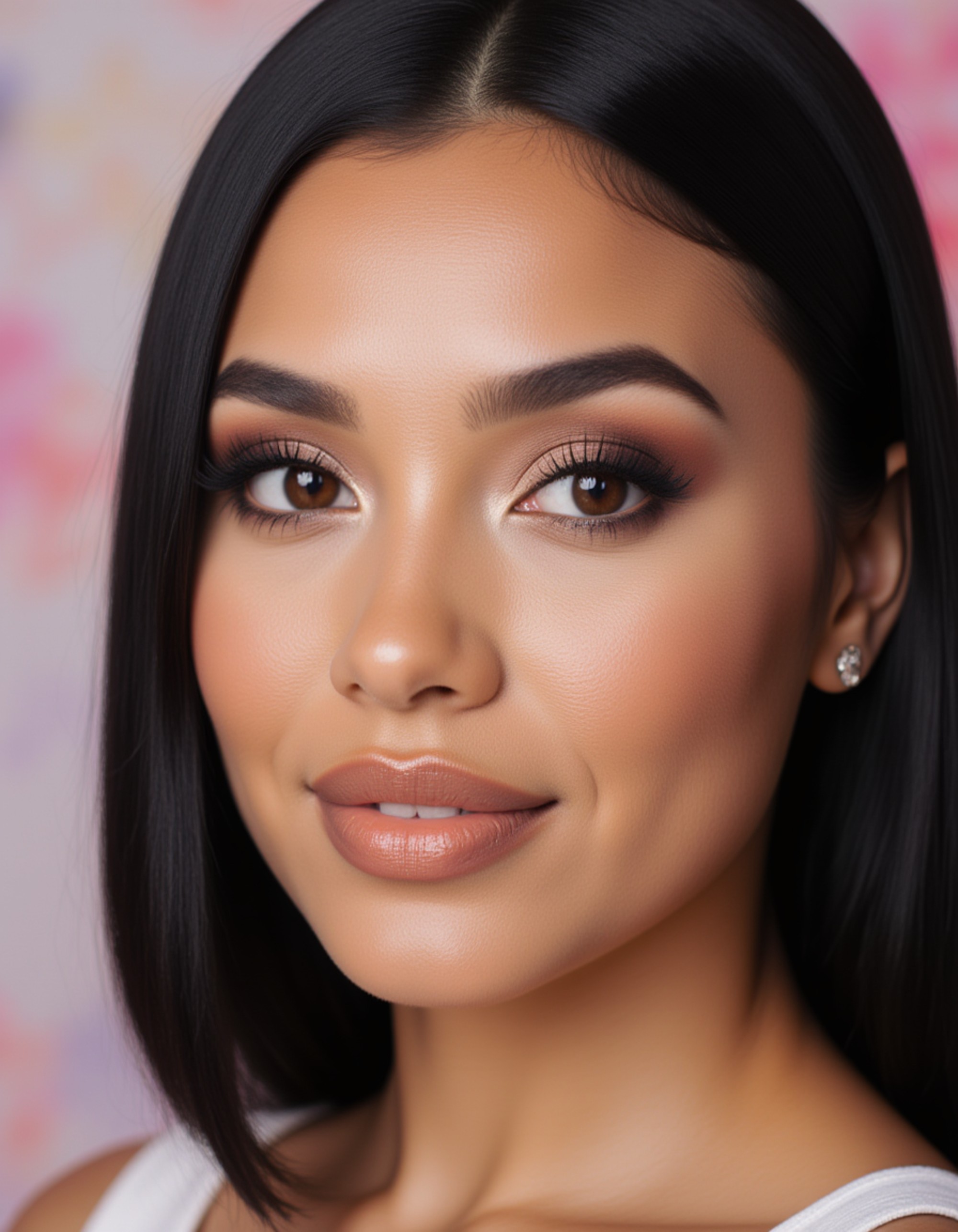 glam close-up featuring smoky sapphire eyeshadow, luminous skin finish, and plump glossy lips, captured under soft lighting with a pastel background