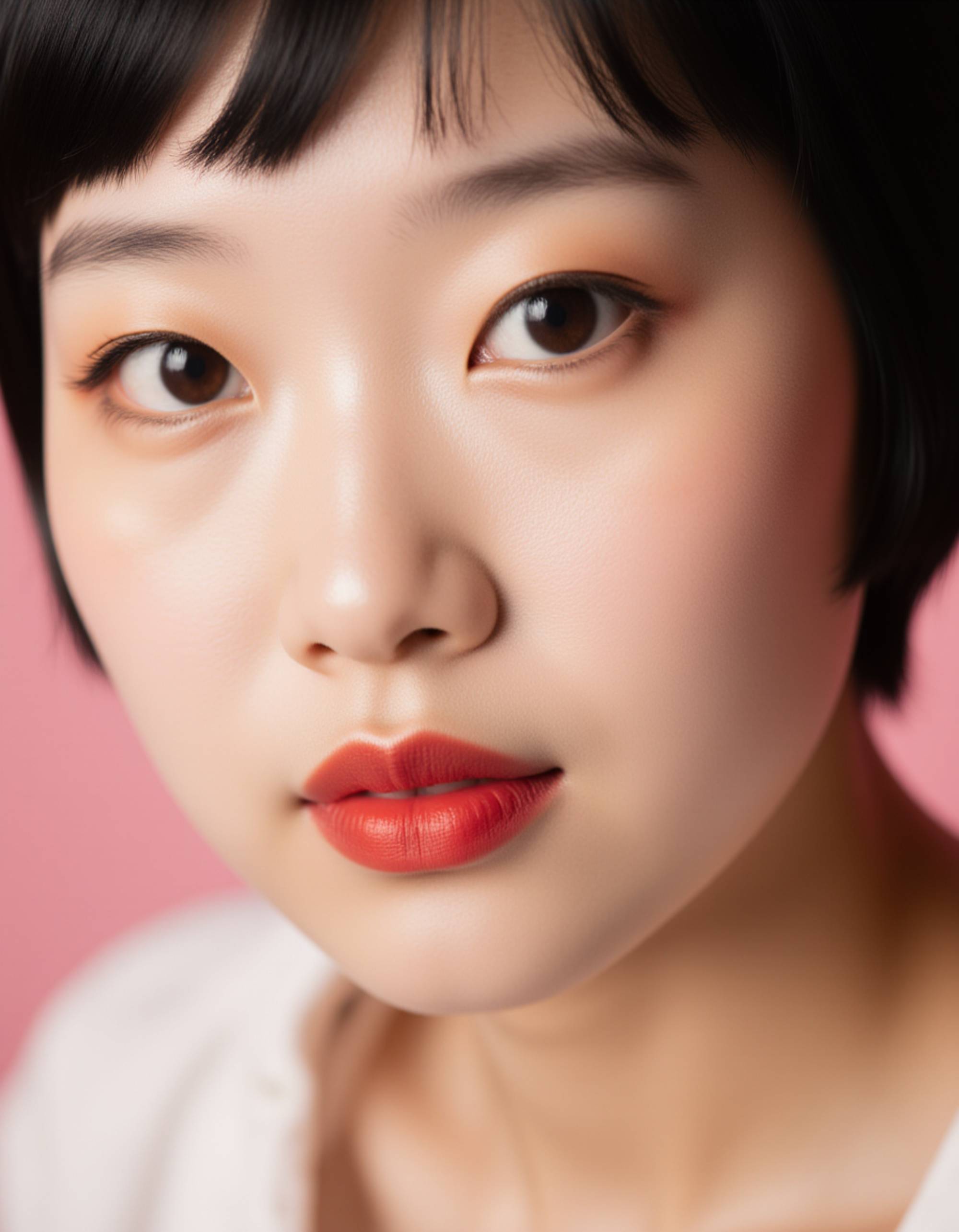 close-up portrait featuring bold ruby-red lipstick, blended bronze eyeshadow, and a radiant glass-skin finish, set against a soft pastel backdrop