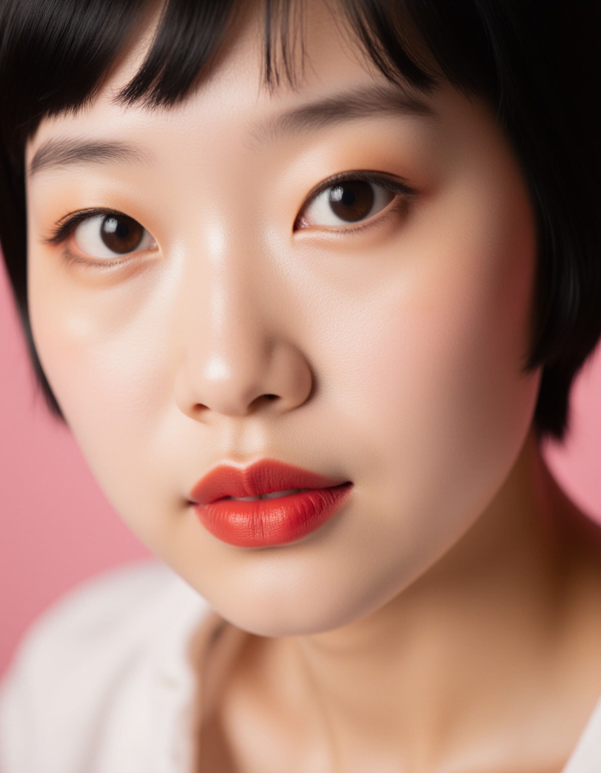 close-up portrait featuring bold ruby-red lipstick, blended bronze eyeshadow, and a radiant glass-skin finish, set against a soft pastel backdrop