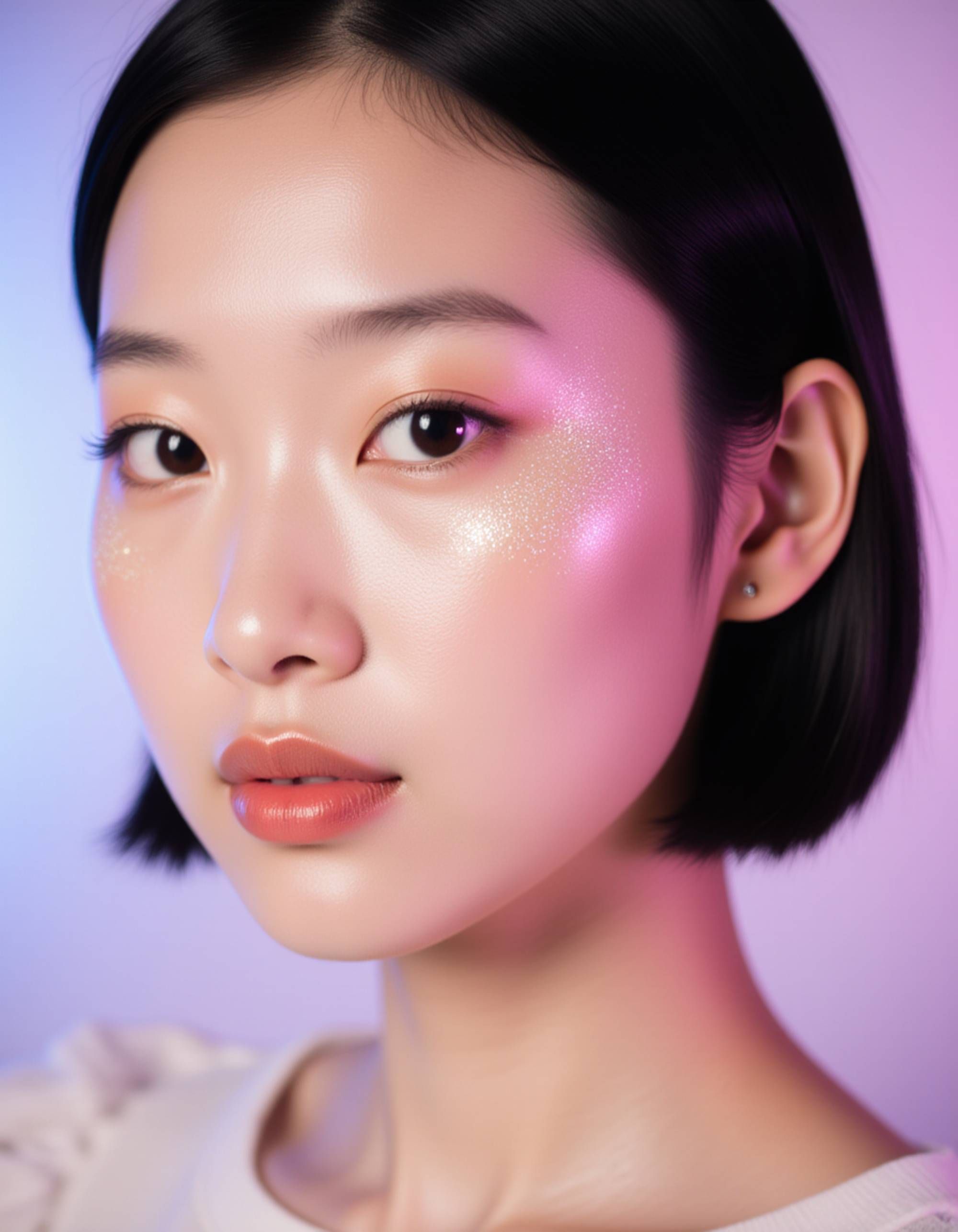 tight beauty shot with holographic eyeliner, cool-toned shimmer on the lids, and a glossy strawberry lip, illuminated softly against a pastel gradient background