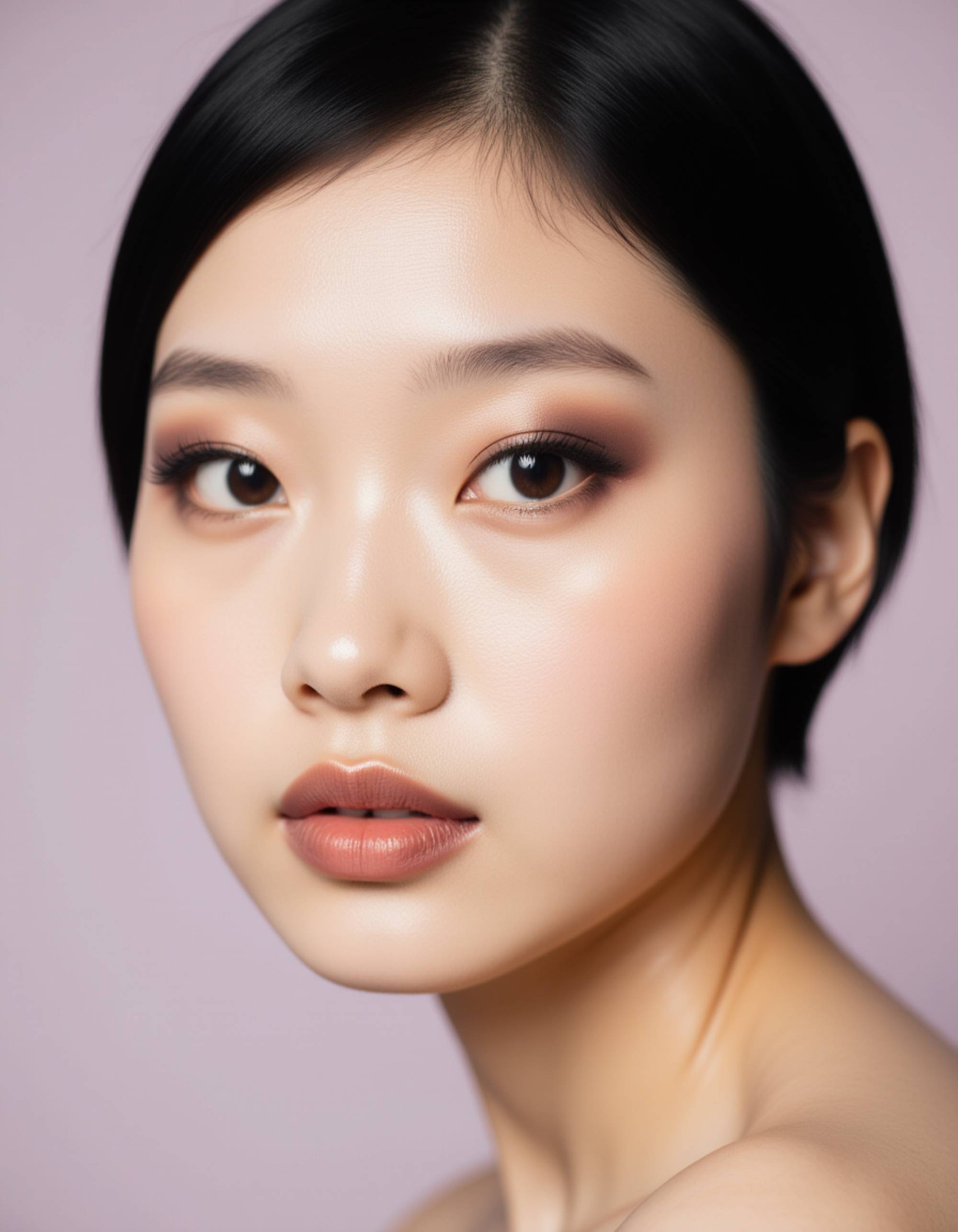 editorial close-up showcasing dramatic smokey eyes, sculpted cheek contour, and a velvety matte mauve lip, framed with a light pastel backdrop