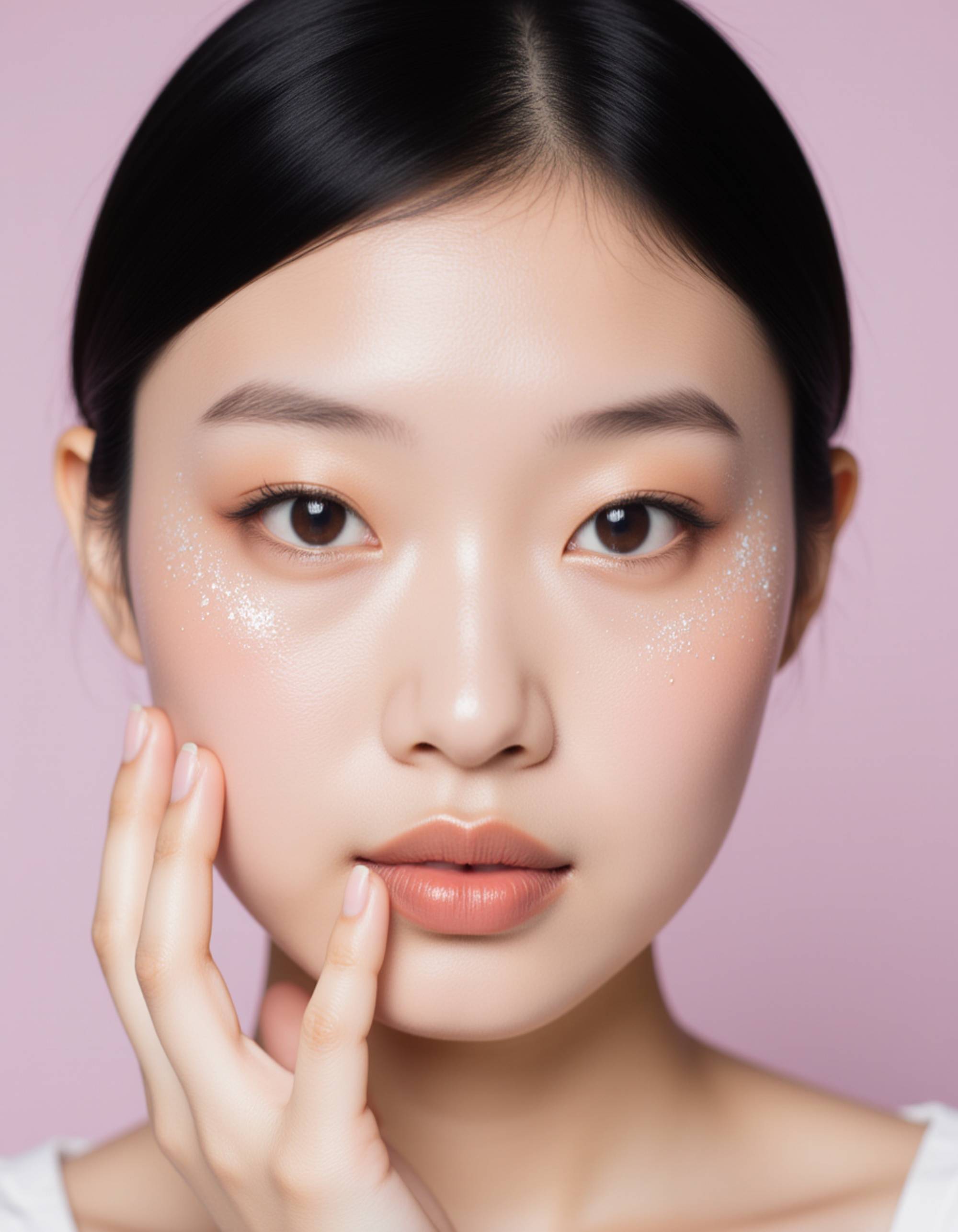 artistic makeup look with floating eyeliner details, pearlescent blush across the cheeks, and iridescent highlights on the nose bridge, shot against a gentle pastel background