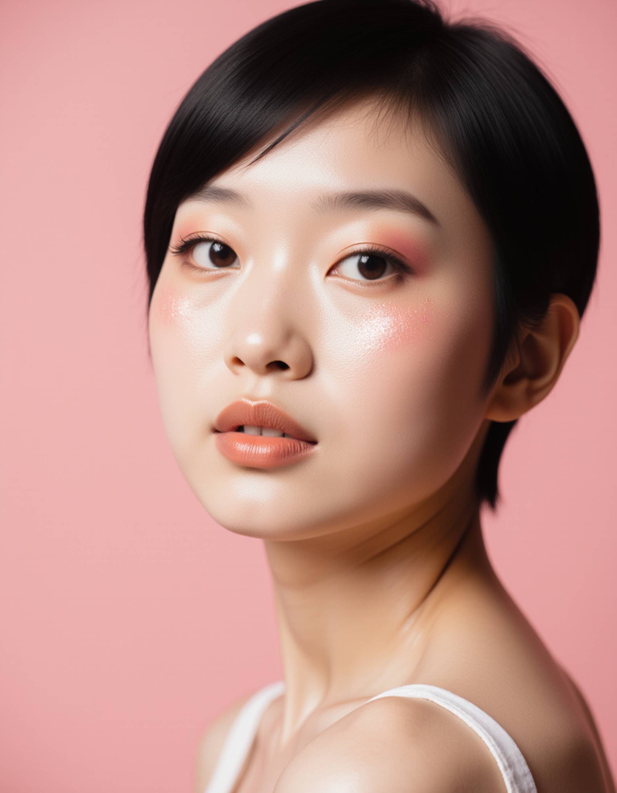 glam close-up featuring metallic rose eyeshadow, softly feathered brows, and a high-shine mirrored gloss, captured in front of a smooth pastel backdrop