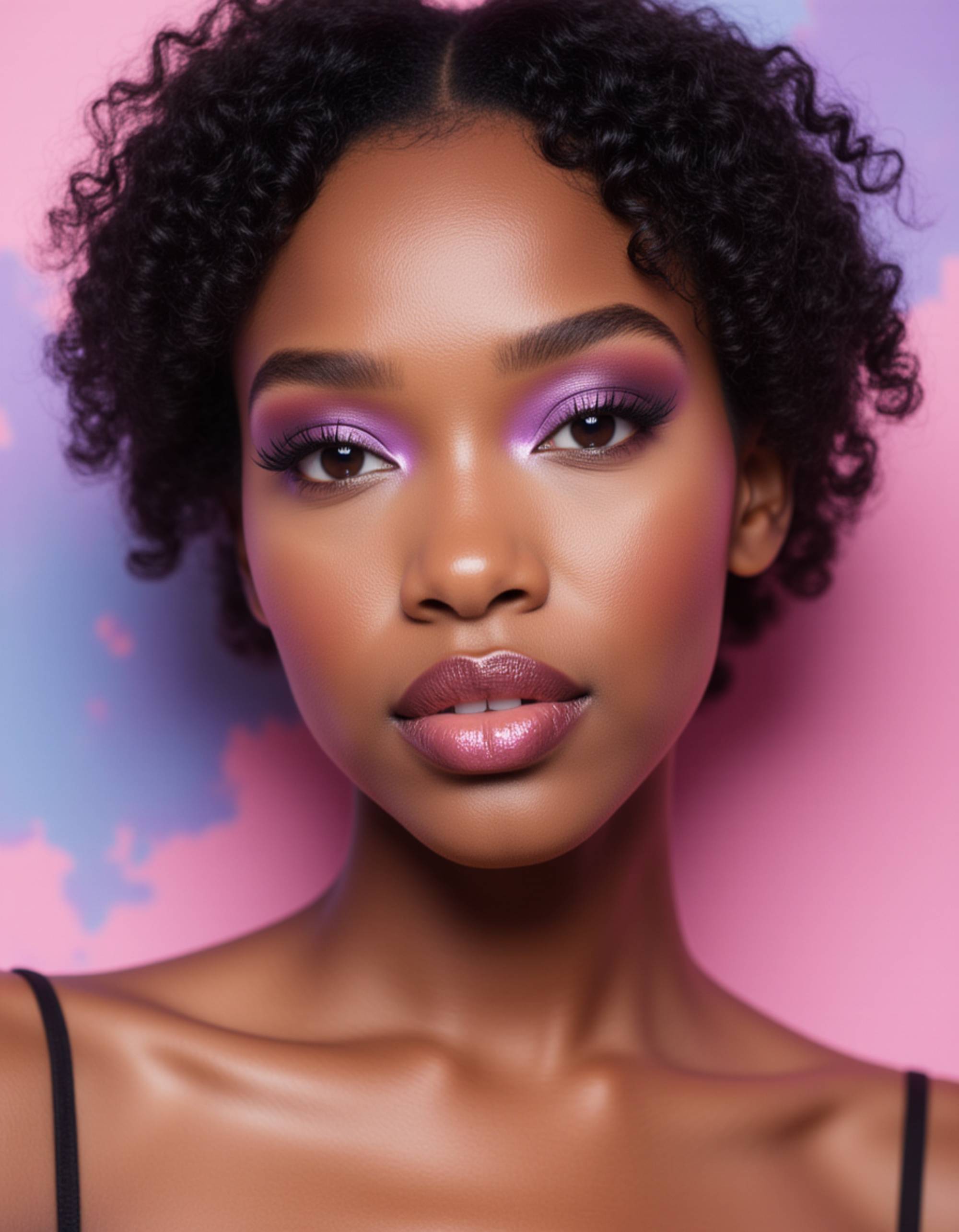 close-up beauty shot with bold ultraviolet eyeshadow, glossy laminated brows, and metallic pink lips, framed against a dreamy pastel background