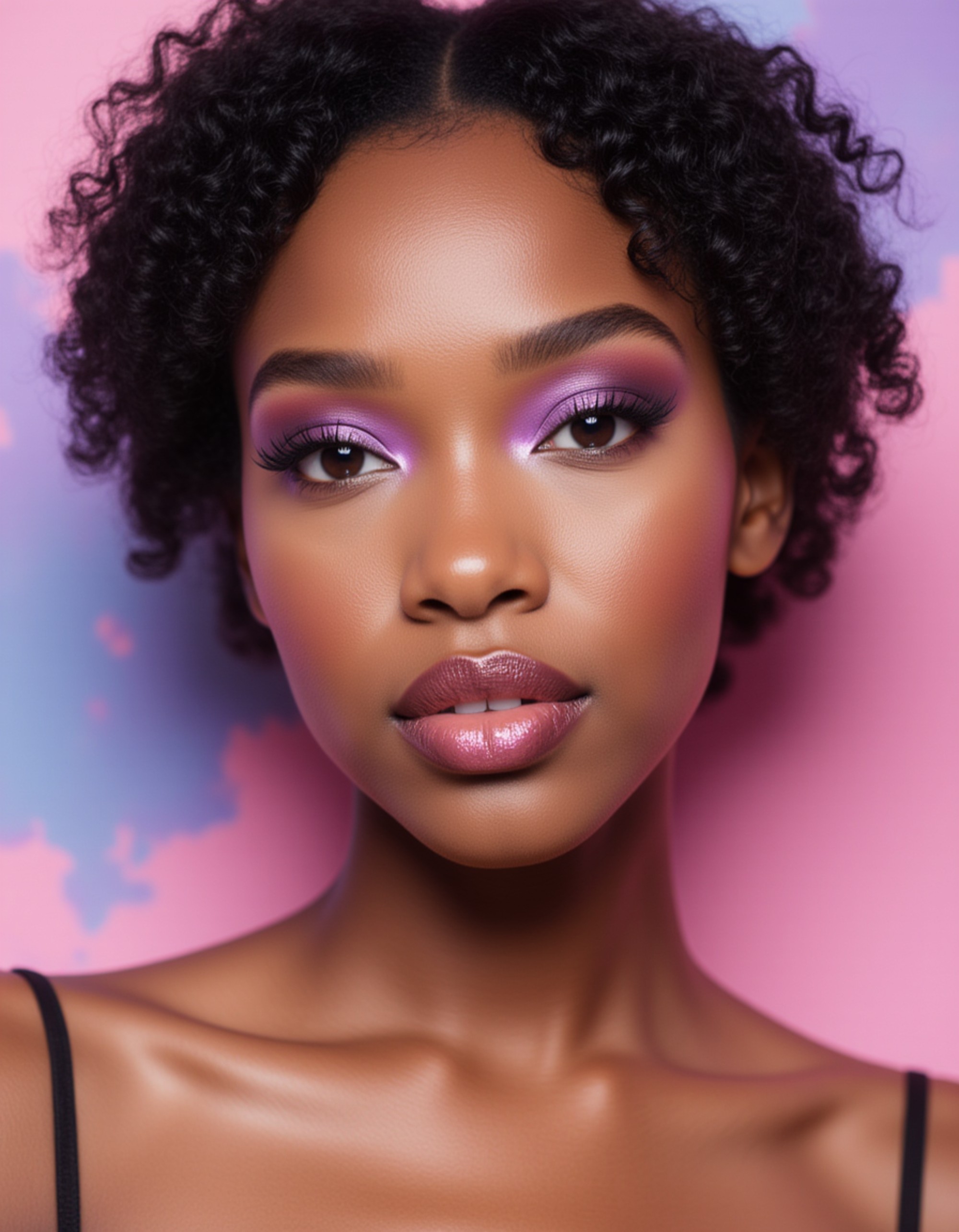 close-up beauty shot with bold ultraviolet eyeshadow, glossy laminated brows, and metallic pink lips, framed against a dreamy pastel background
