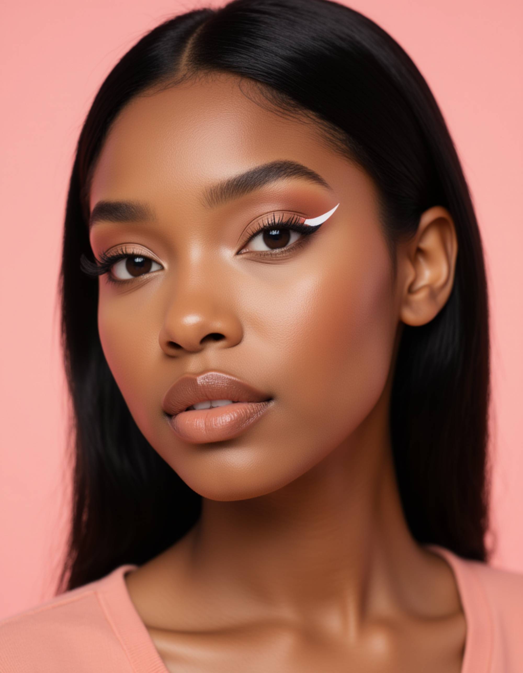 tight portrait showcasing sharp graphic white eyeliner, warm terracotta blush, and a soft satin-finish lip color, set in front of a smooth pastel backdrop