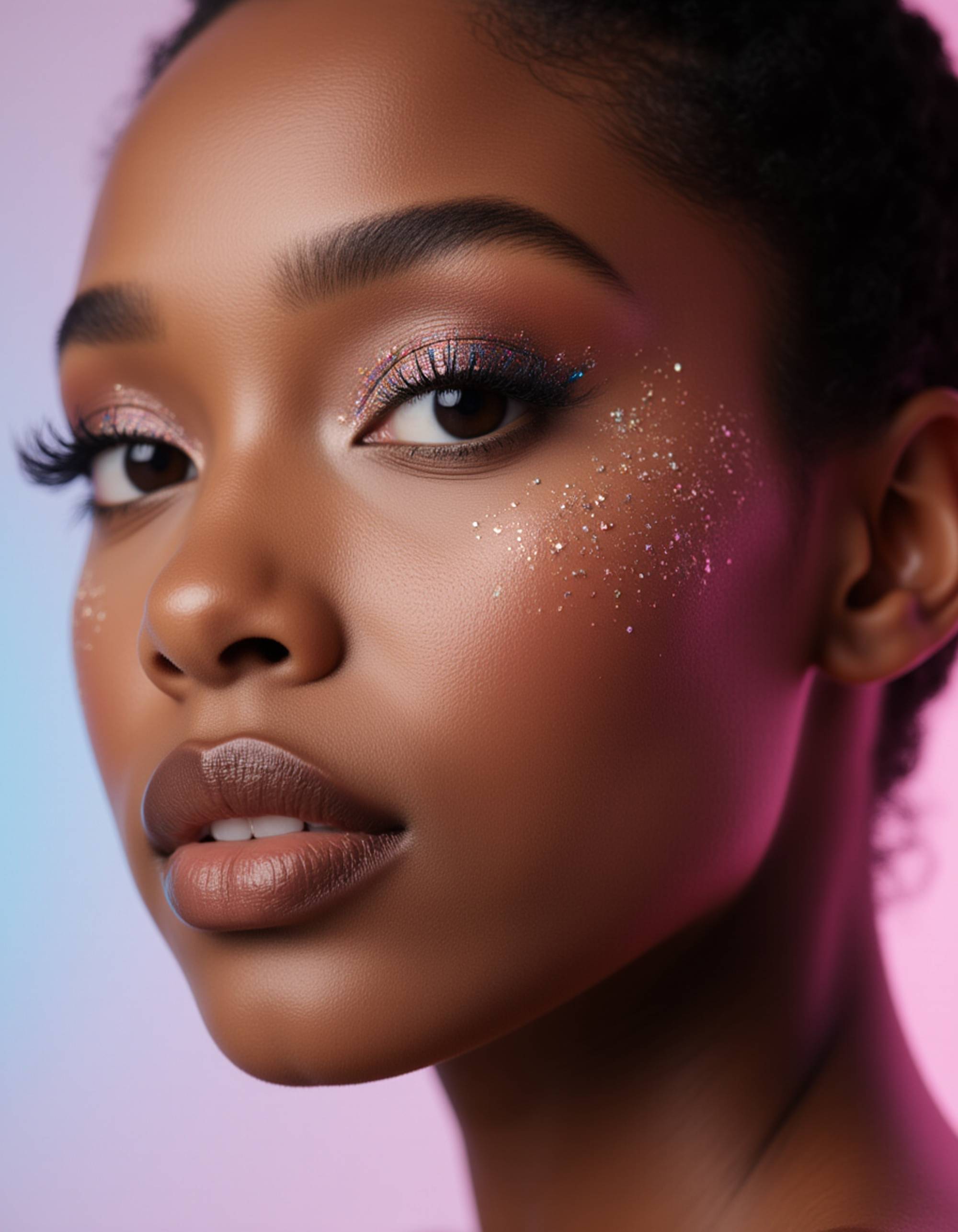 editorial close-up with glitter-specked smokey eyes, sculpted jawline highlights, and rich cocoa-toned lipstick, captured against a subtle pastel gradient