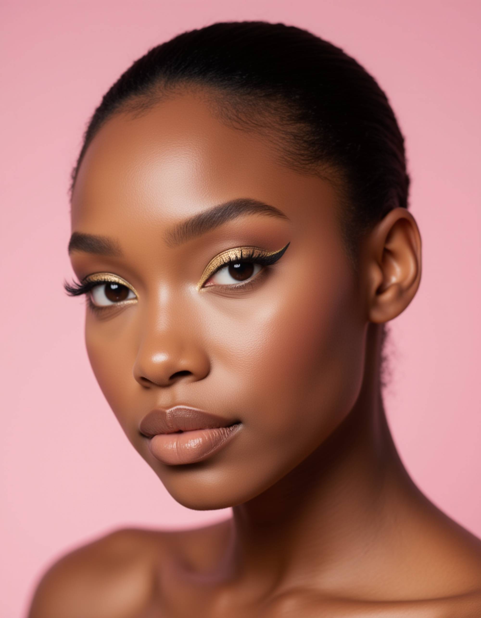 glam look featuring radiant bronzed skin, halo eye makeup with shimmering gold in the center, and a plumping gloss finish, set on a clean pastel background