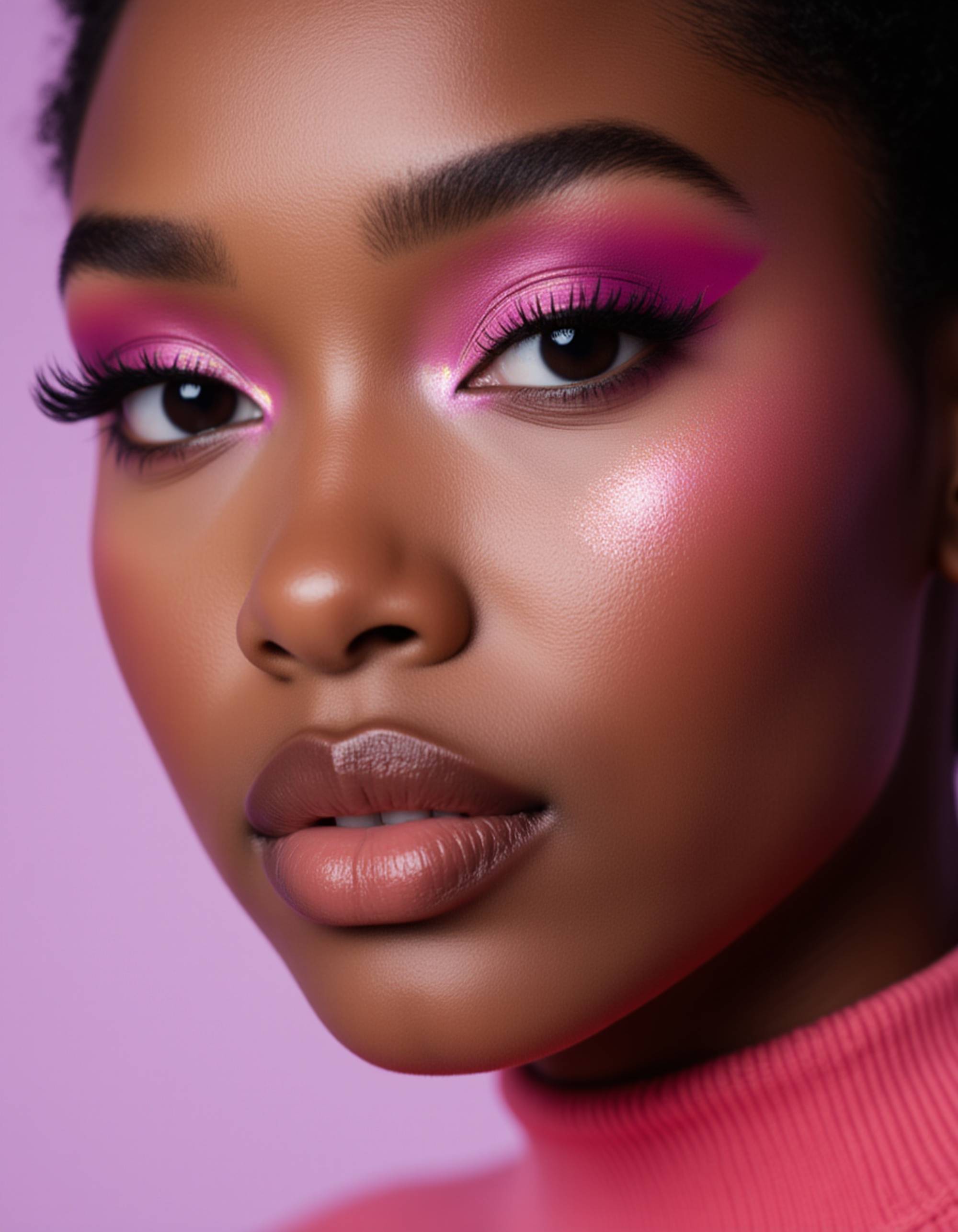 art-inspired beauty portrait with neon pink underliner, pearly inner-corner highlight, and a bold ombre lip, photographed in a tight close-up with a pastel backdrop