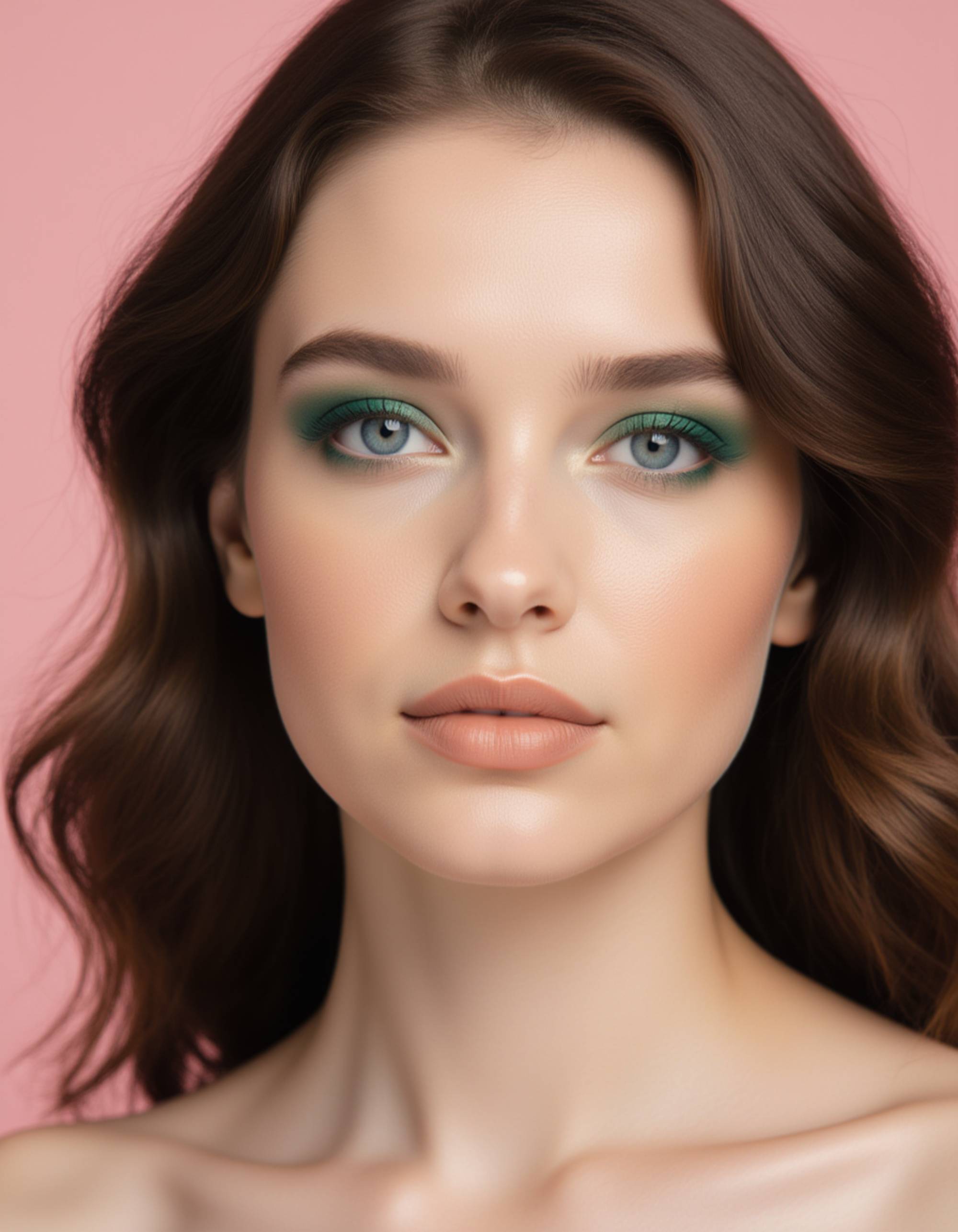 close-up portrait with bold emerald cut-crease eyeshadow, radiant highlighter on the cheekbones, and glossy caramel lips, set against a soft pastel backdrop