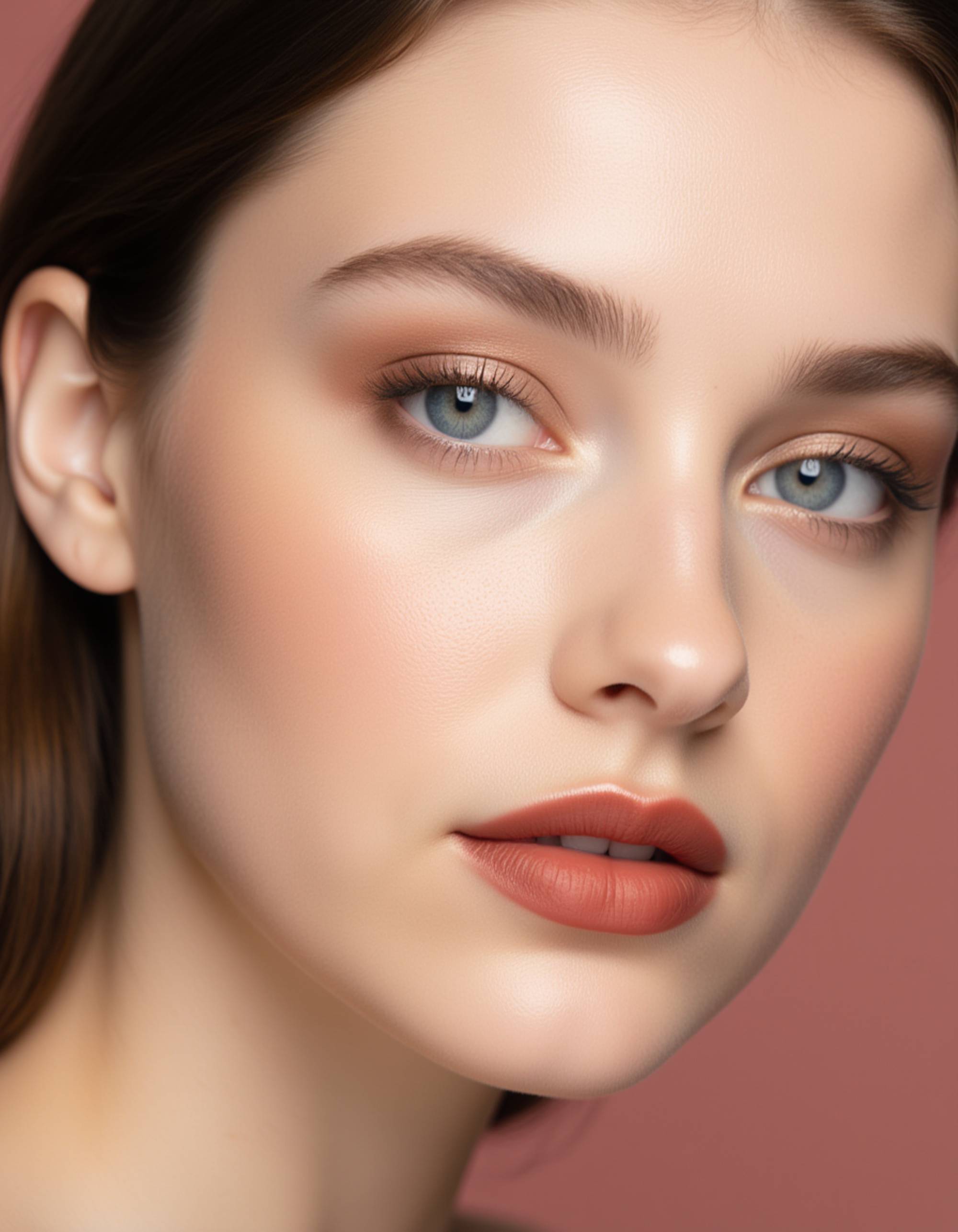 beauty close-up featuring metallic copper eyeliner, sun-kissed bronzer, and a velvety matte red lip, captured with diffused lighting over a pastel background