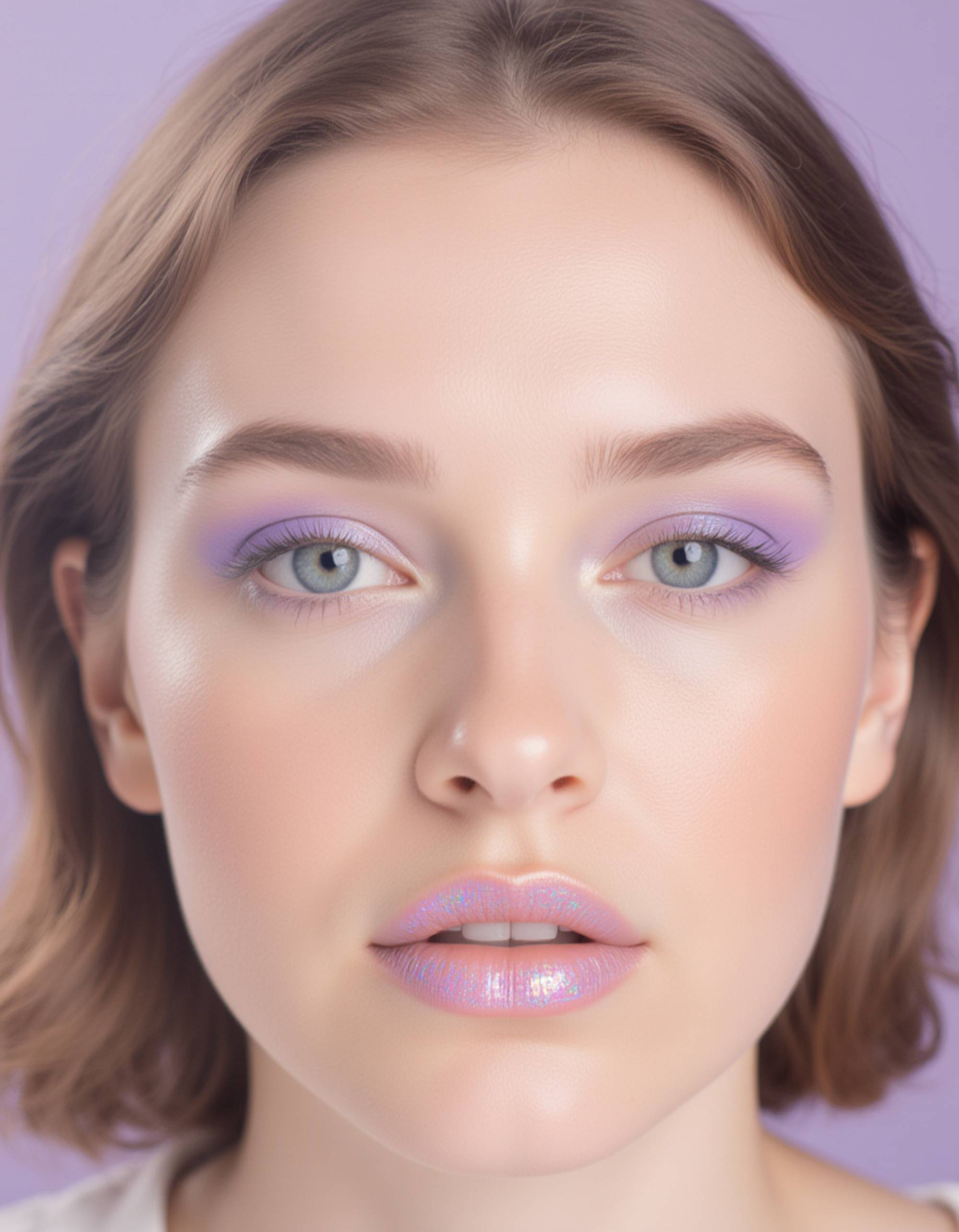 editorial tight shot showcasing pastel lavender eyeshadow, glass-skin finish, and a holographic gloss applied to the lips, framed with a smooth pastel gradient